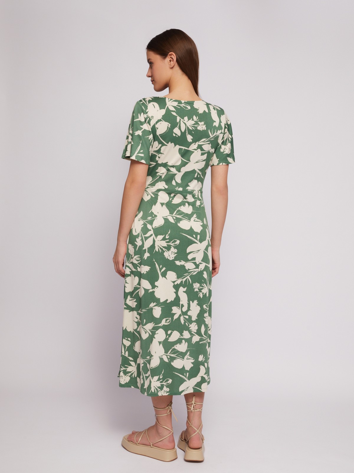 Приталенное платье-халат с запахом и растительным принтом zolla N24218159111, цвет зеленый, размер M - фото 6