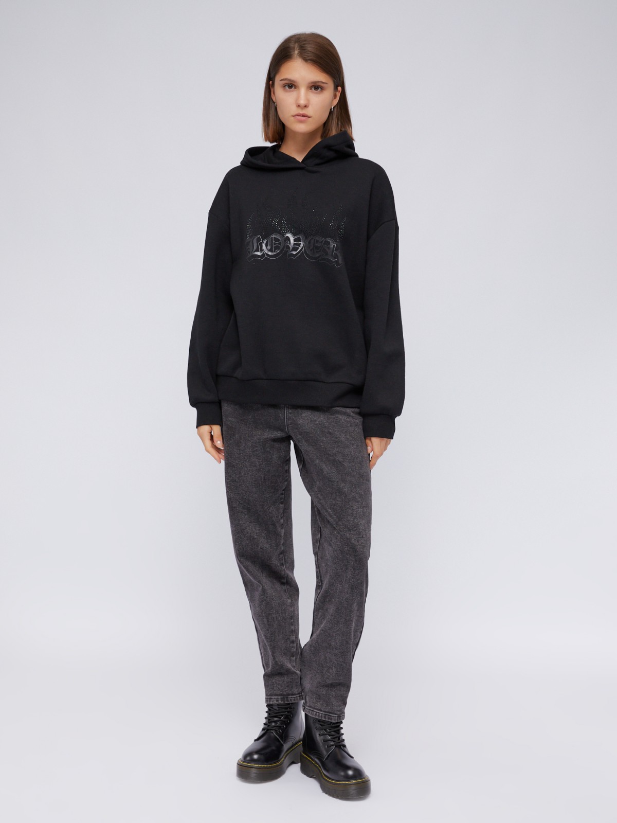 Утеплённый оверсайз худи со стразами