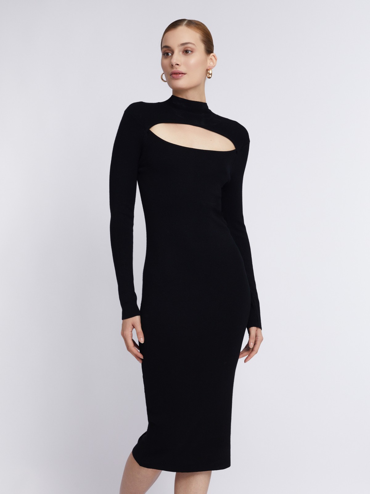 Трикотажное платье-лапша длины миди с разрезом на груди zolla 223338442021, цвет черный, размер XS