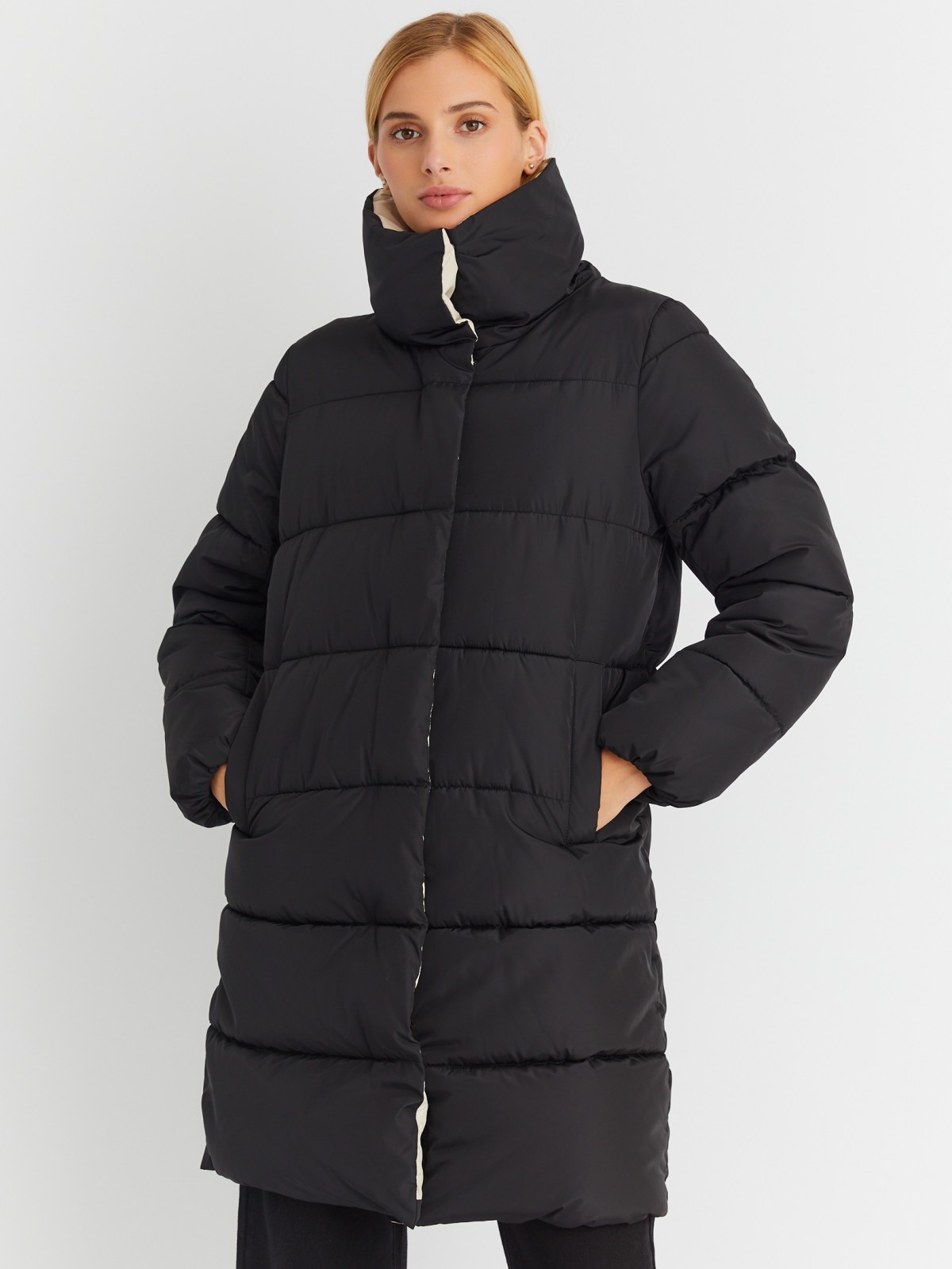 Тёплая стёганая куртка-пальто с высоким воротником 023345202084, цвет ...