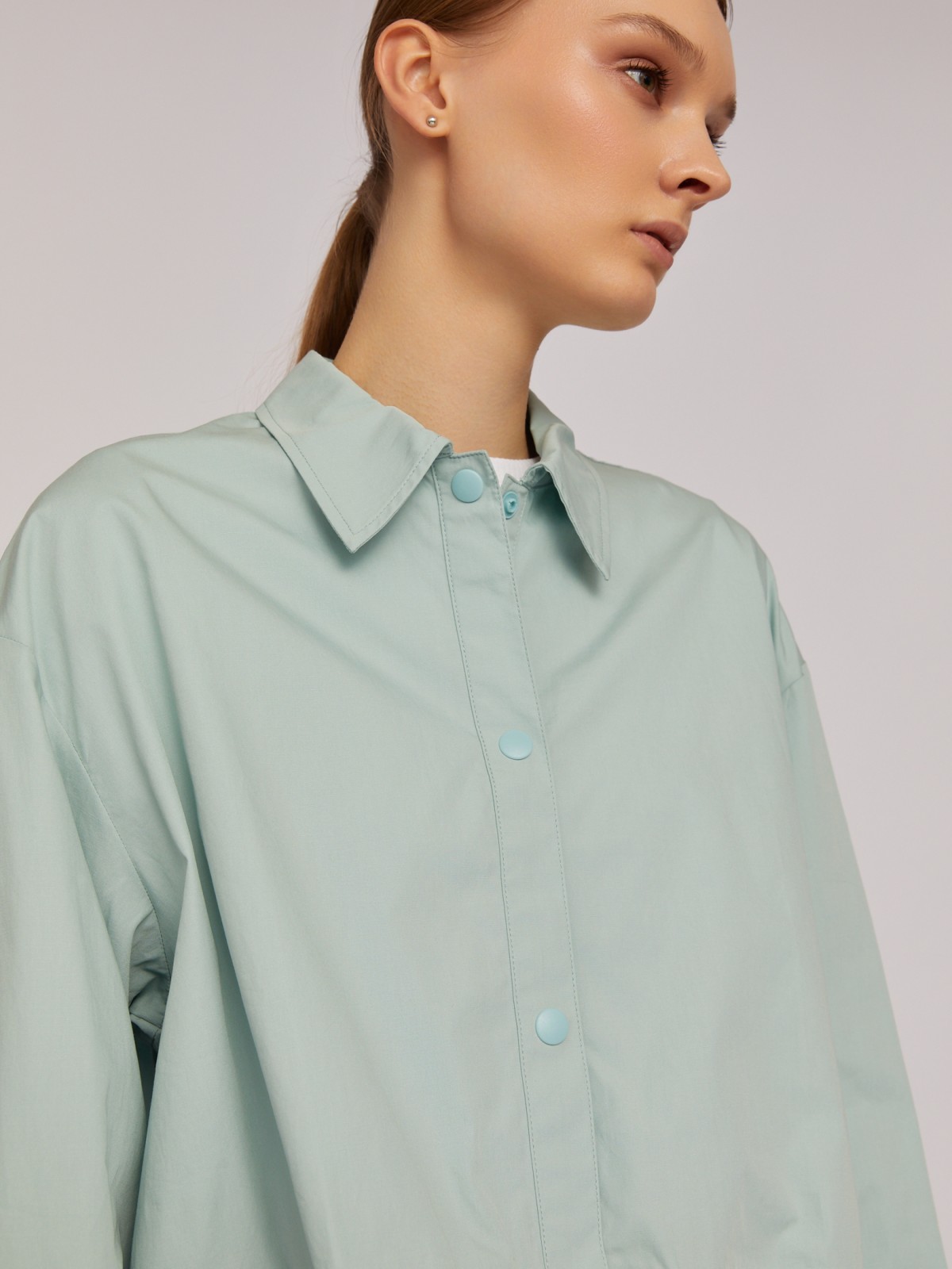 Укороченная блузка-рубашка из хлопка на кулиске zolla 02421114Y131, цвет мятный, размер XS - фото 4