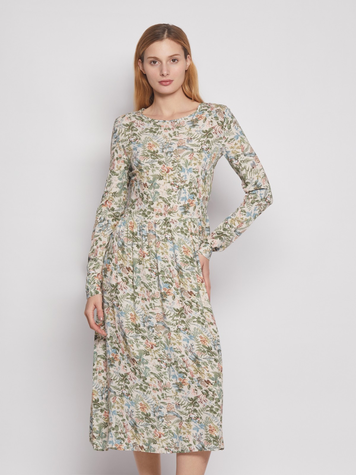 Платье миди из вискозы с принтом zolla 023128259142, цвет бежевый, размер XS - фото 1