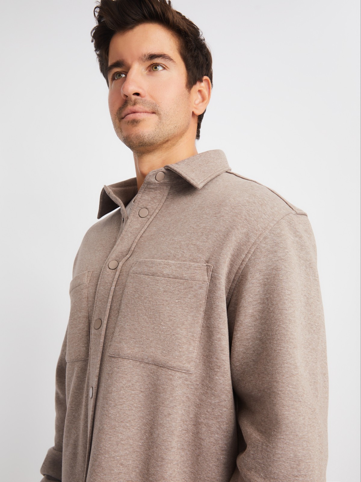 Утеплённая трикотажная куртка-рубашка с начёсом zolla 01411432F023, цвет коричневый, размер S - фото 3