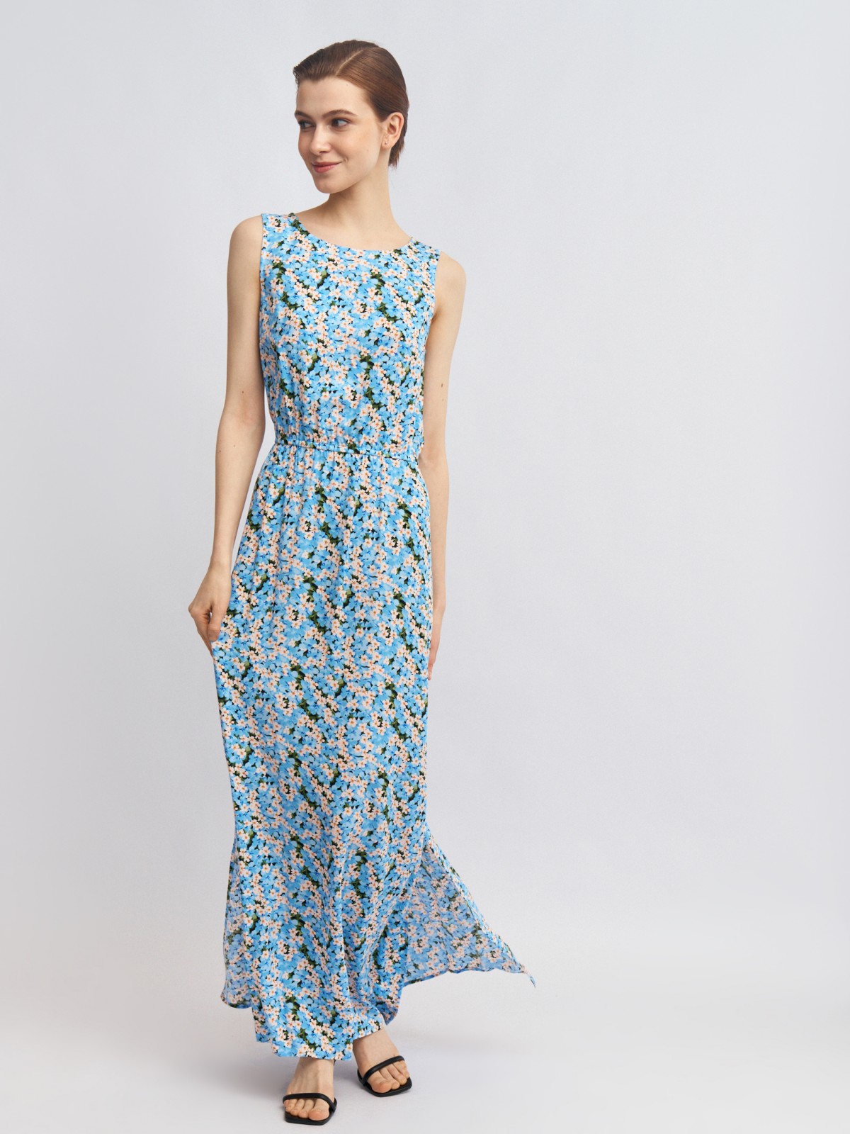 Платье макси без рукавов с разрезами и поясом