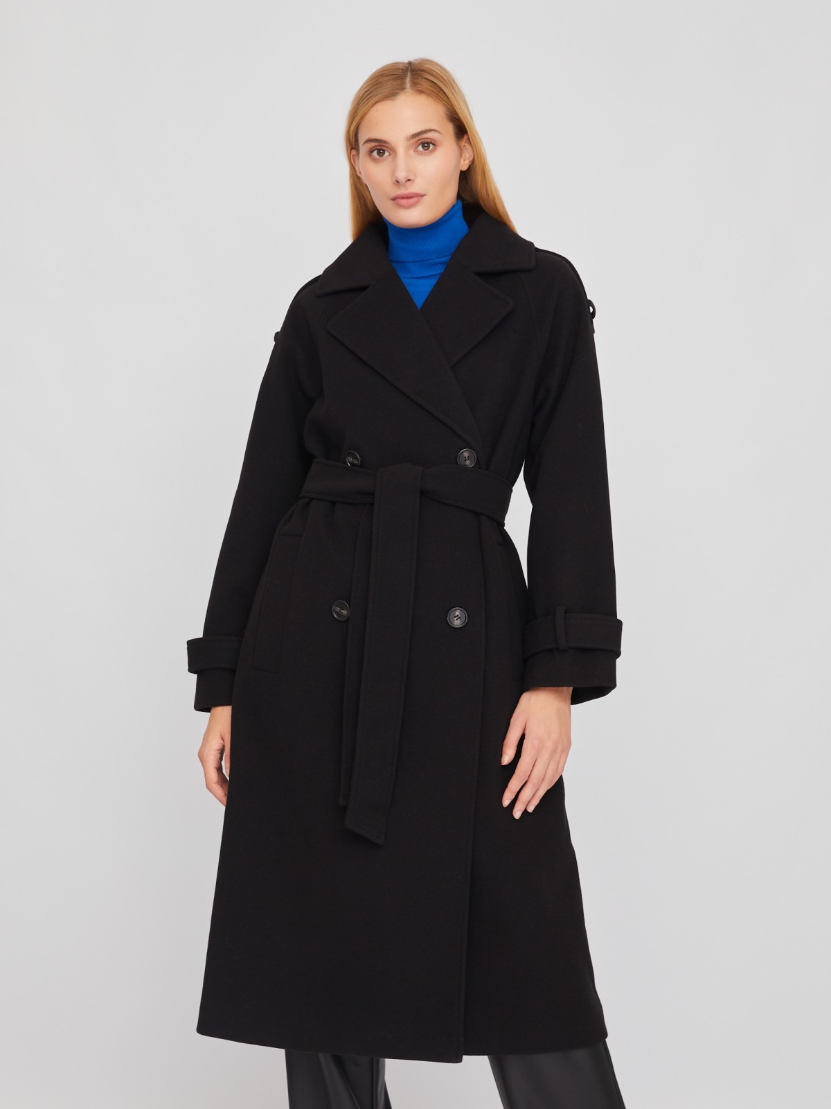 Длинное пальто-тренч без утеплителя с рукавами реглан и поясом zolla 024125866024, цвет черный, размер XS - фото 3