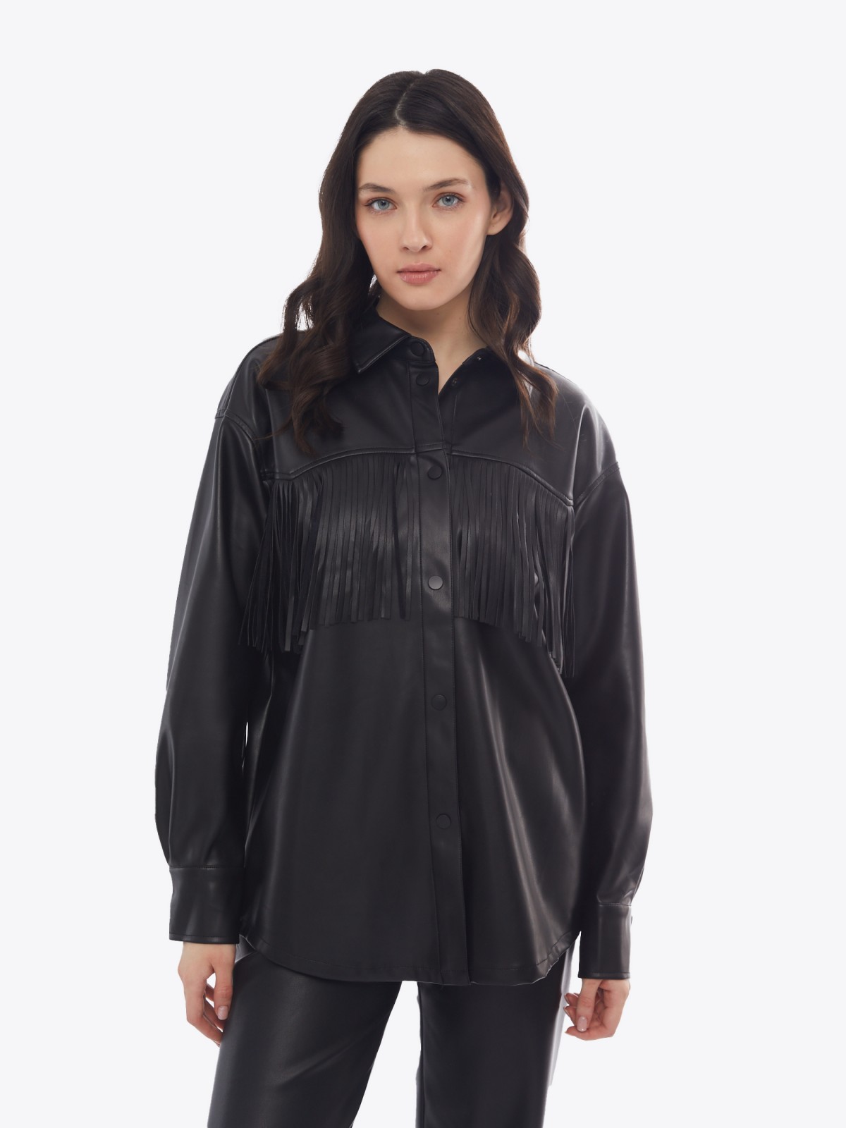 Куртка-рубашка из экокожи с бахромой на кокетке zolla 02413540L051, цвет черный, размер S - фото 3