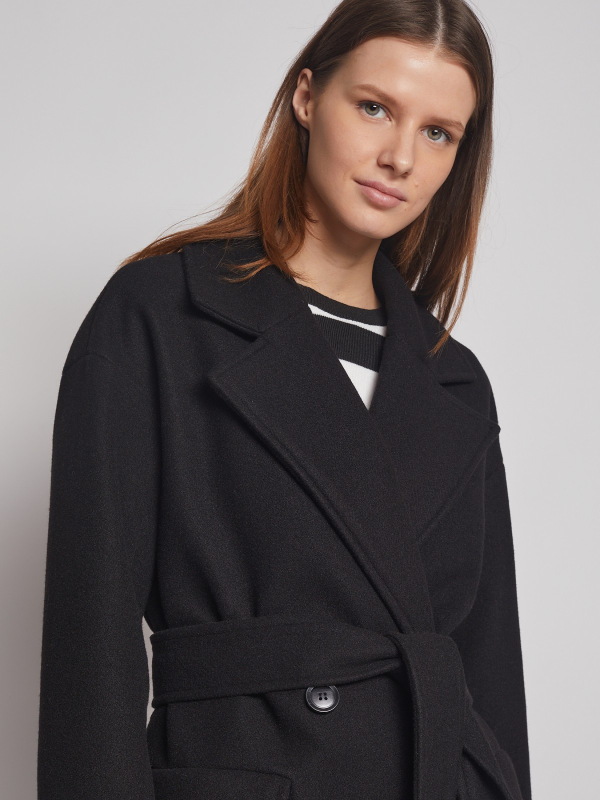 Двубортное пальто с поясом zolla 023125857054, цвет черный, размер XS - фото 3
