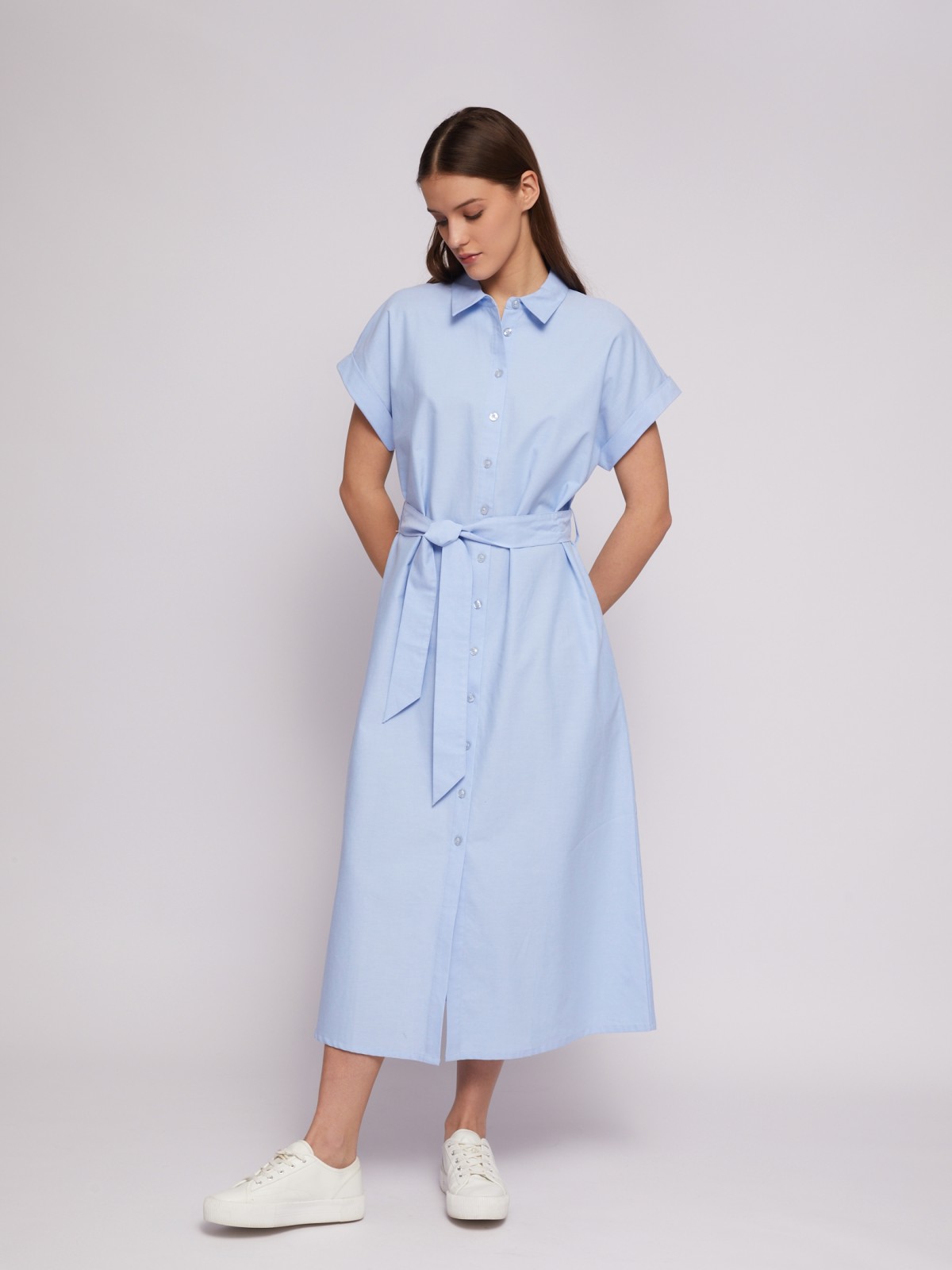Платье-рубашка из хлопка с коротким рукавом и поясом zolla 024218262353, цвет светло-голубой, размер XS - фото 2