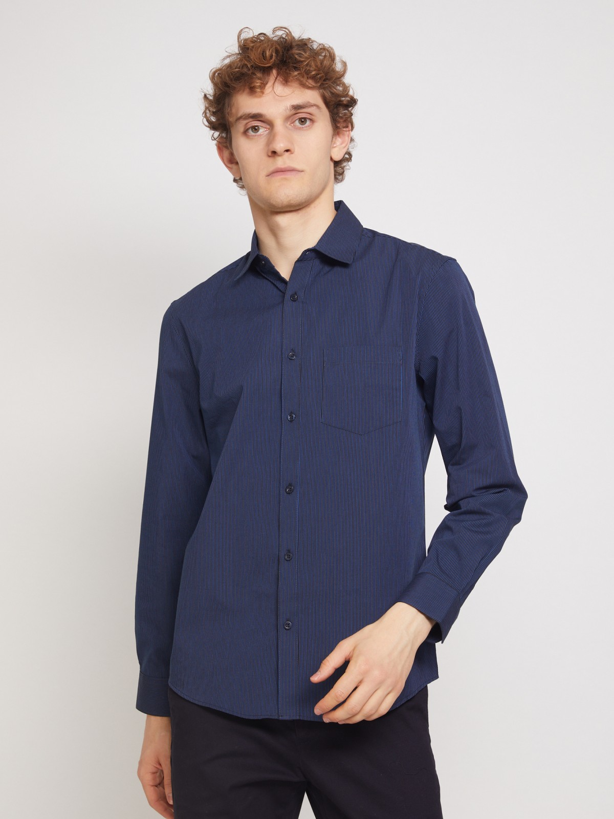 Рубашка с узором в тонкую полоску zolla 011332162012, цвет темно-синий, размер S - фото 3