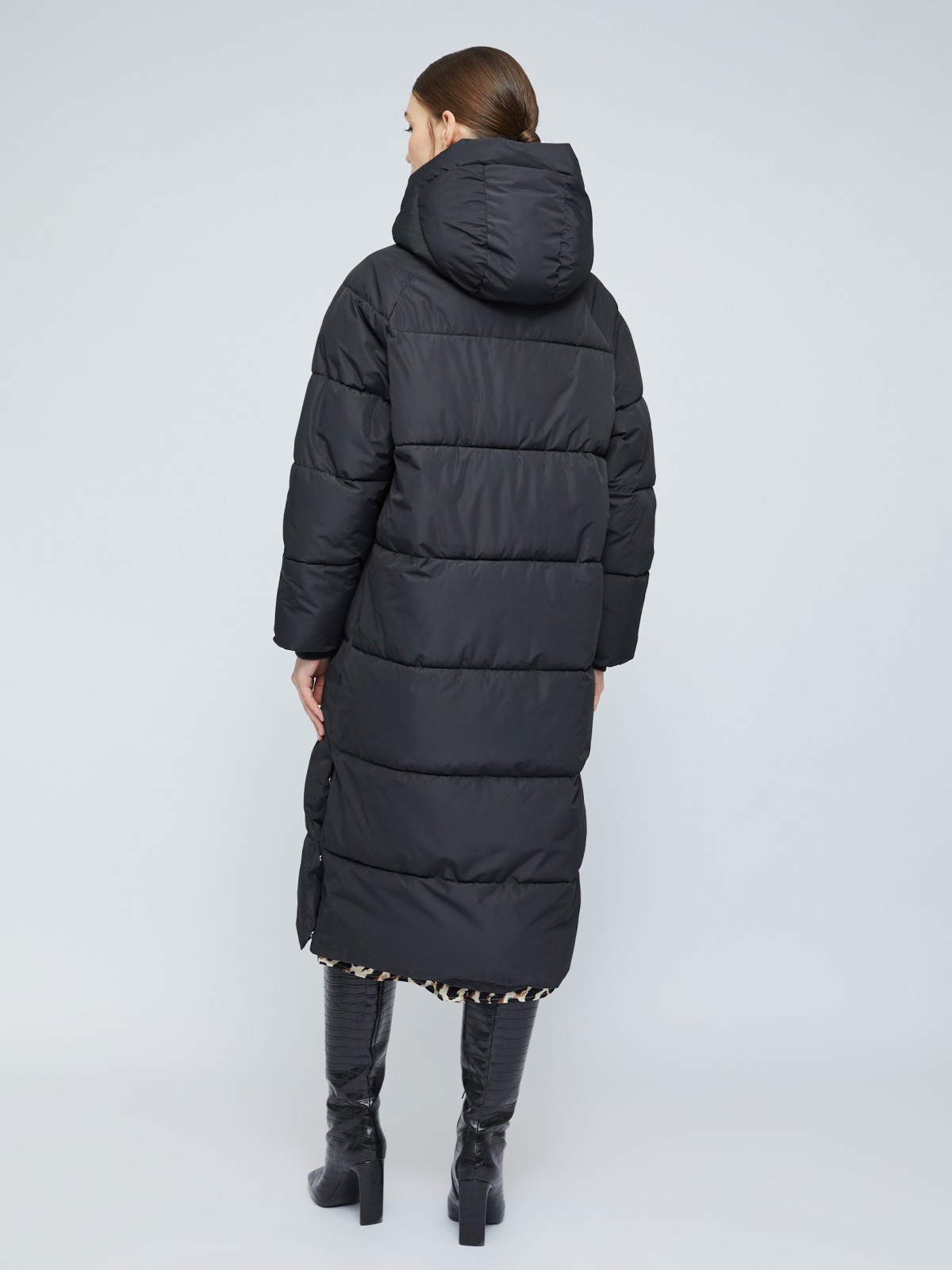 Тёплая стёганая куртка-пальто с капюшоном и двойным воротником