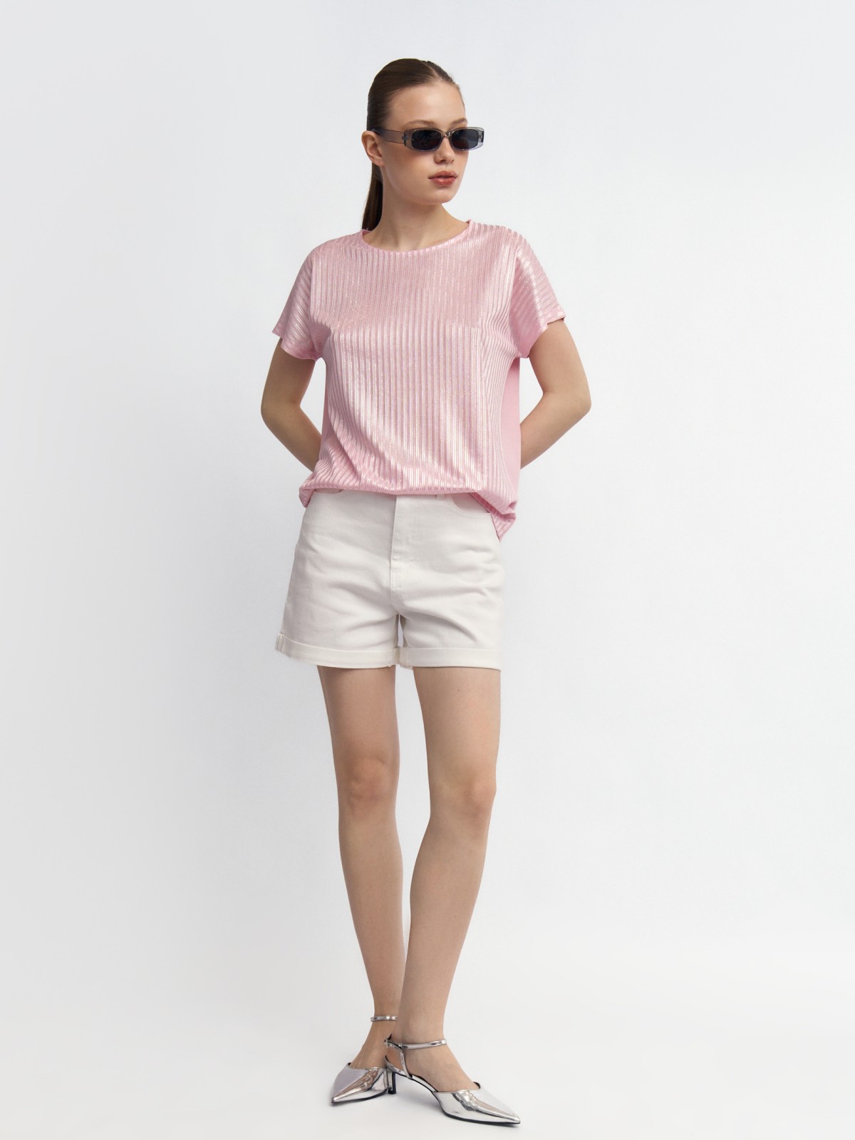 Трикотажный комбинированный топ-блузка с блеском