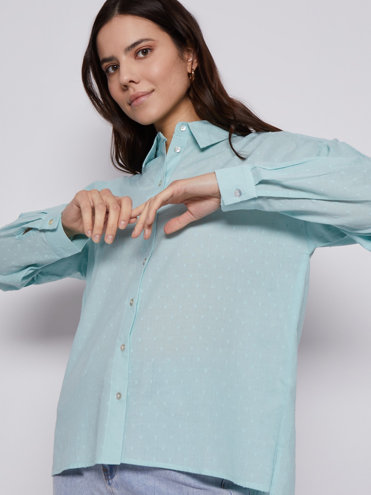 Рубашка из хлопка с подхватами на рукавах zolla 023211159113, цвет мятный, размер XS - фото 3