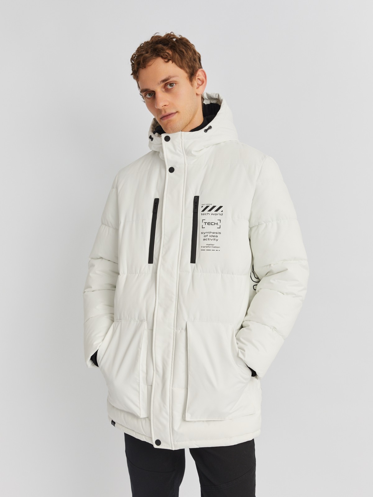 Тёплая удлинённая куртка с капюшоном и внутренними манжетами zolla 013425202074, цвет белый, размер S - фото 3