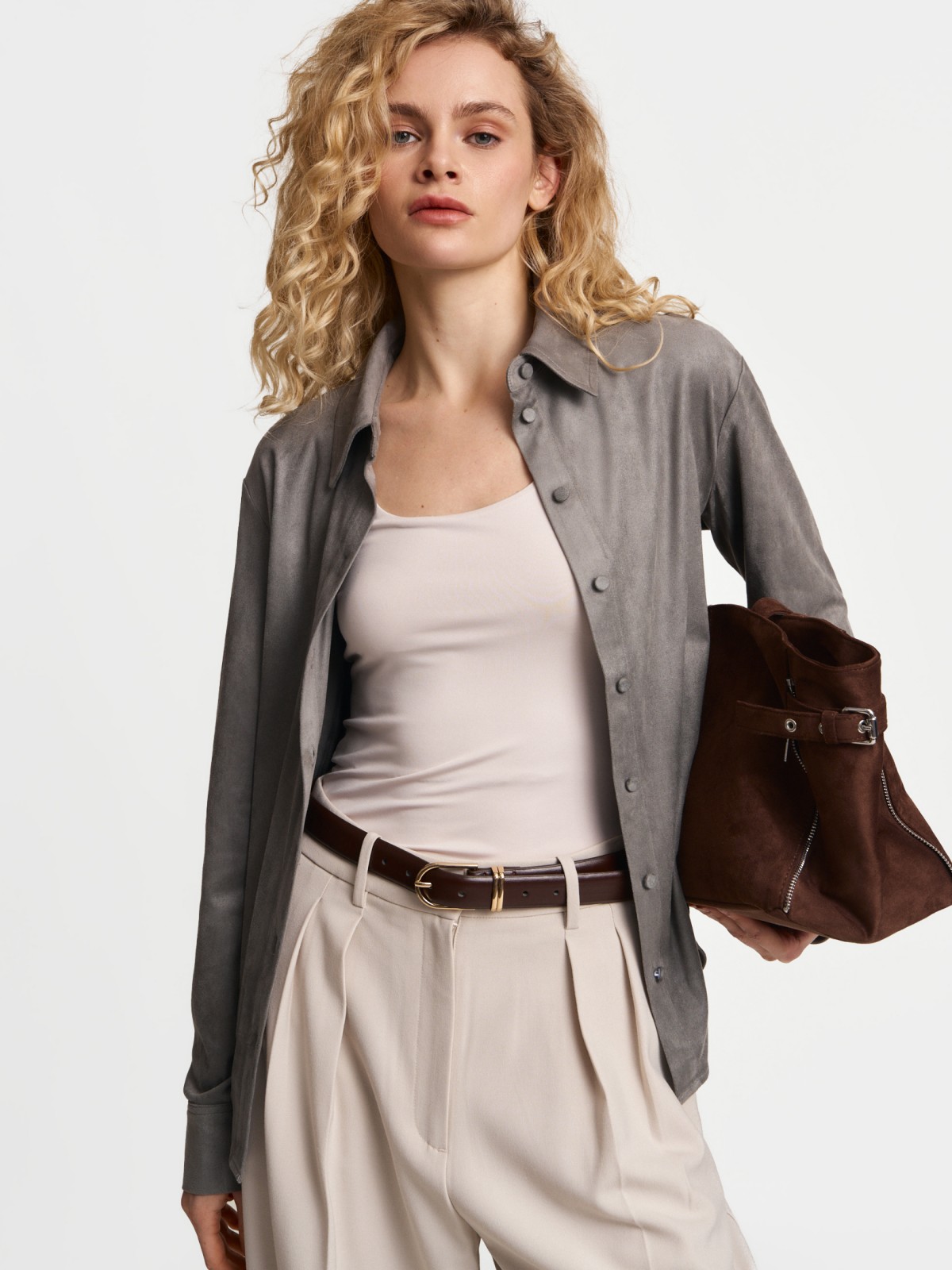 Рубашка из экозамши с длинным рукавом