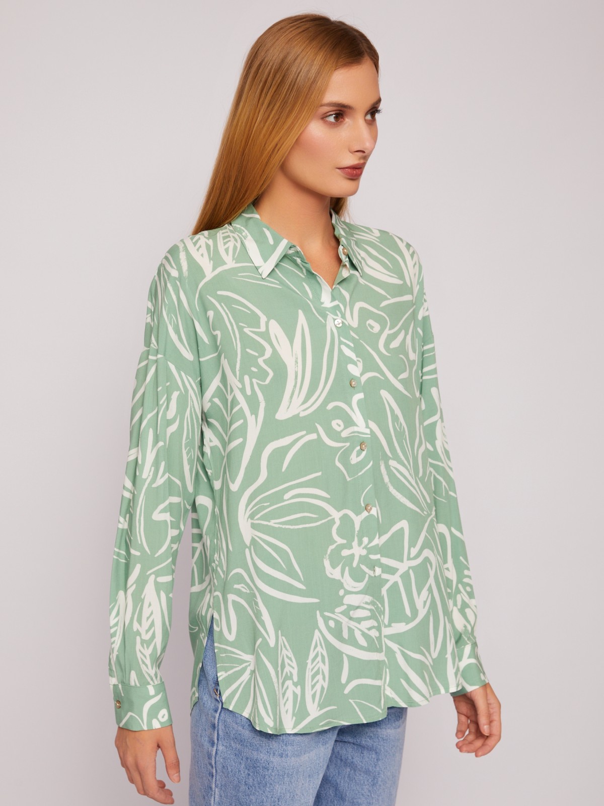Принтованная рубашка из вискозы с длинным рукавом zolla 024211162322, цвет светло-зеленый, размер L - фото 3