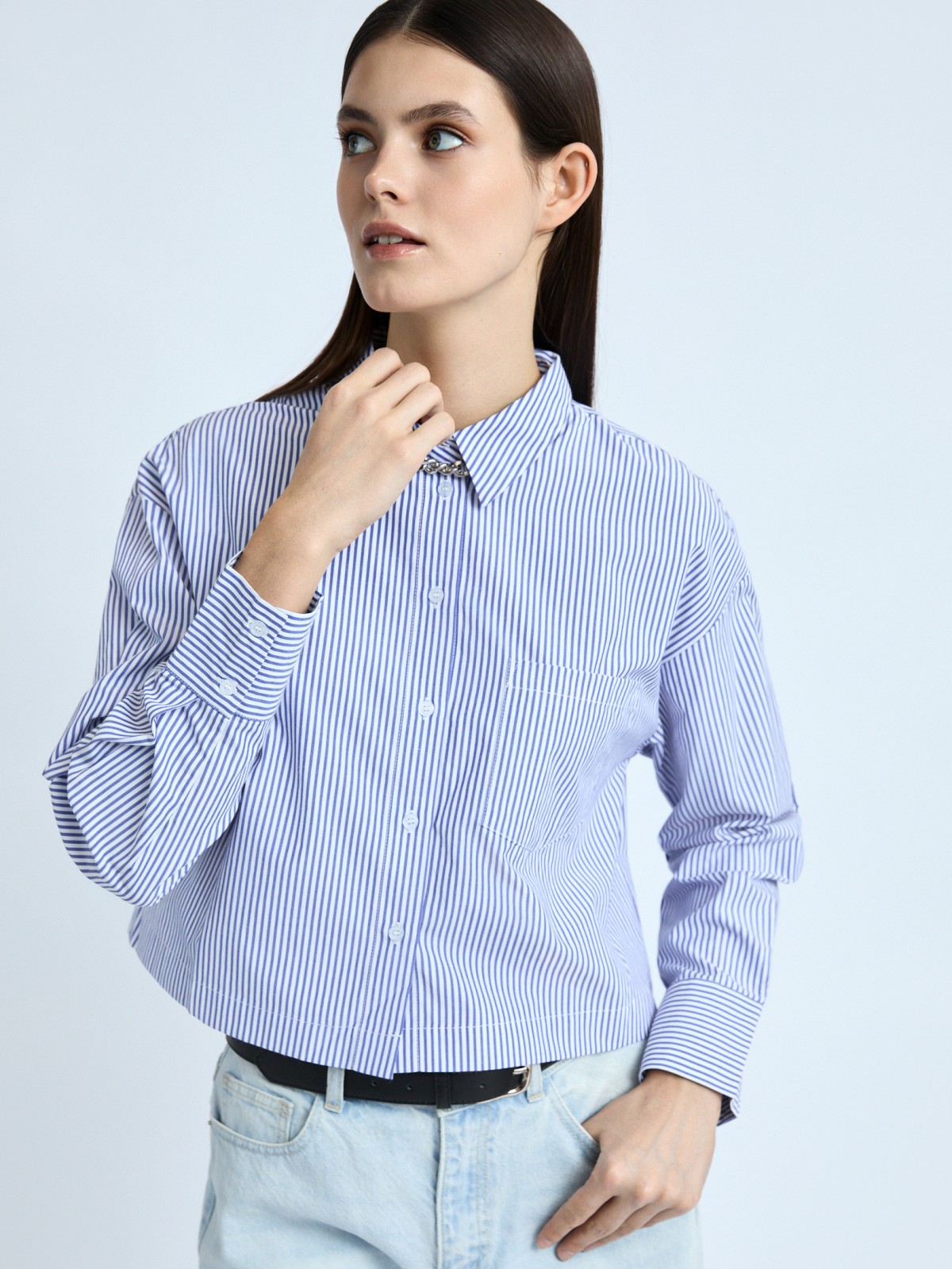 Укороченная рубашка в полоску с карманом