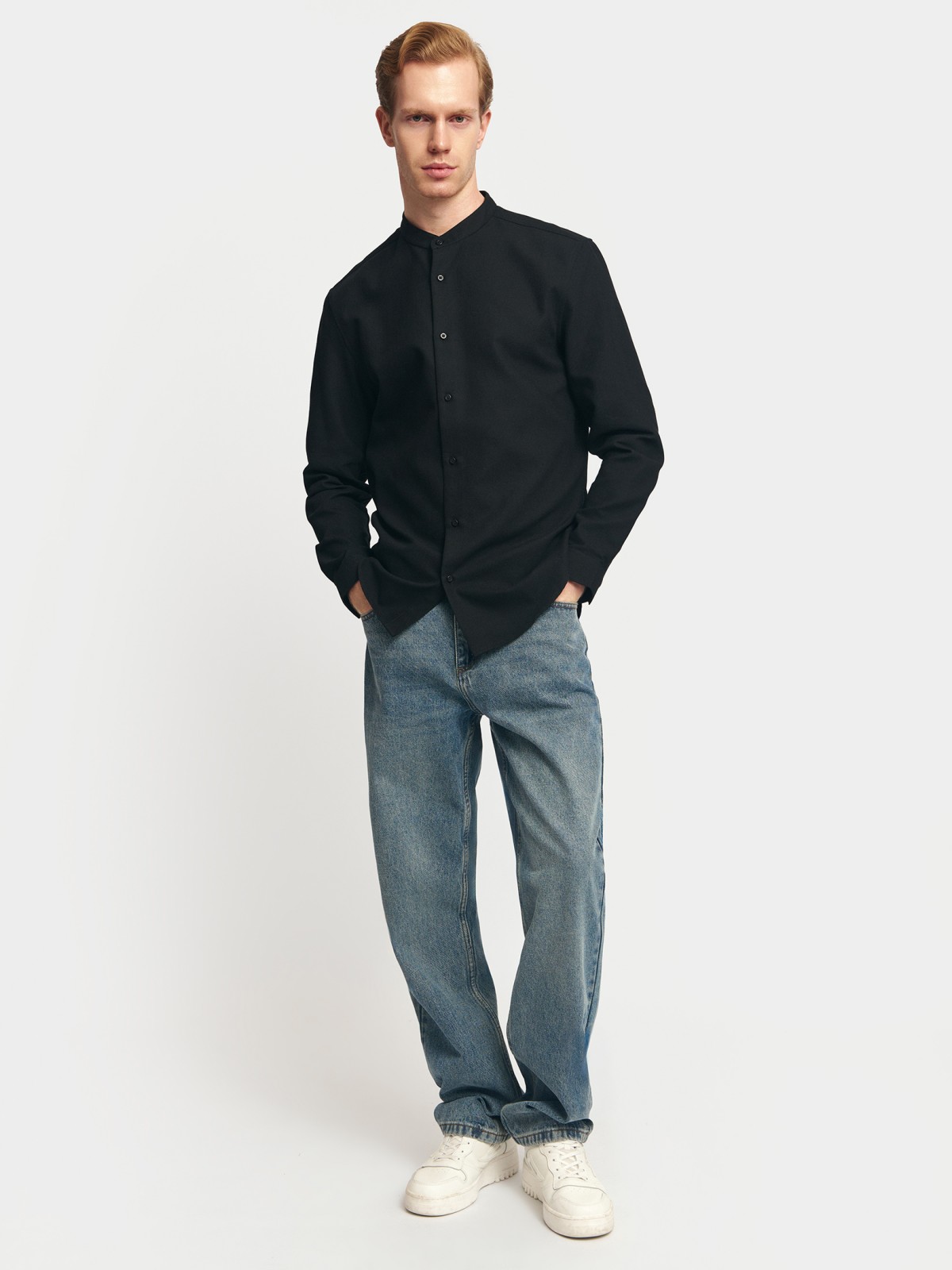 Офисная рубашка с воротником-стойкой и длинным рукавом