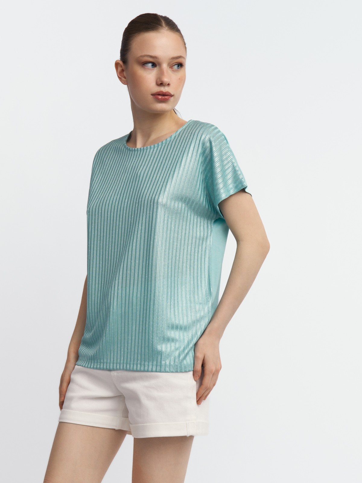 Трикотажный комбинированный топ-блузка с блеском