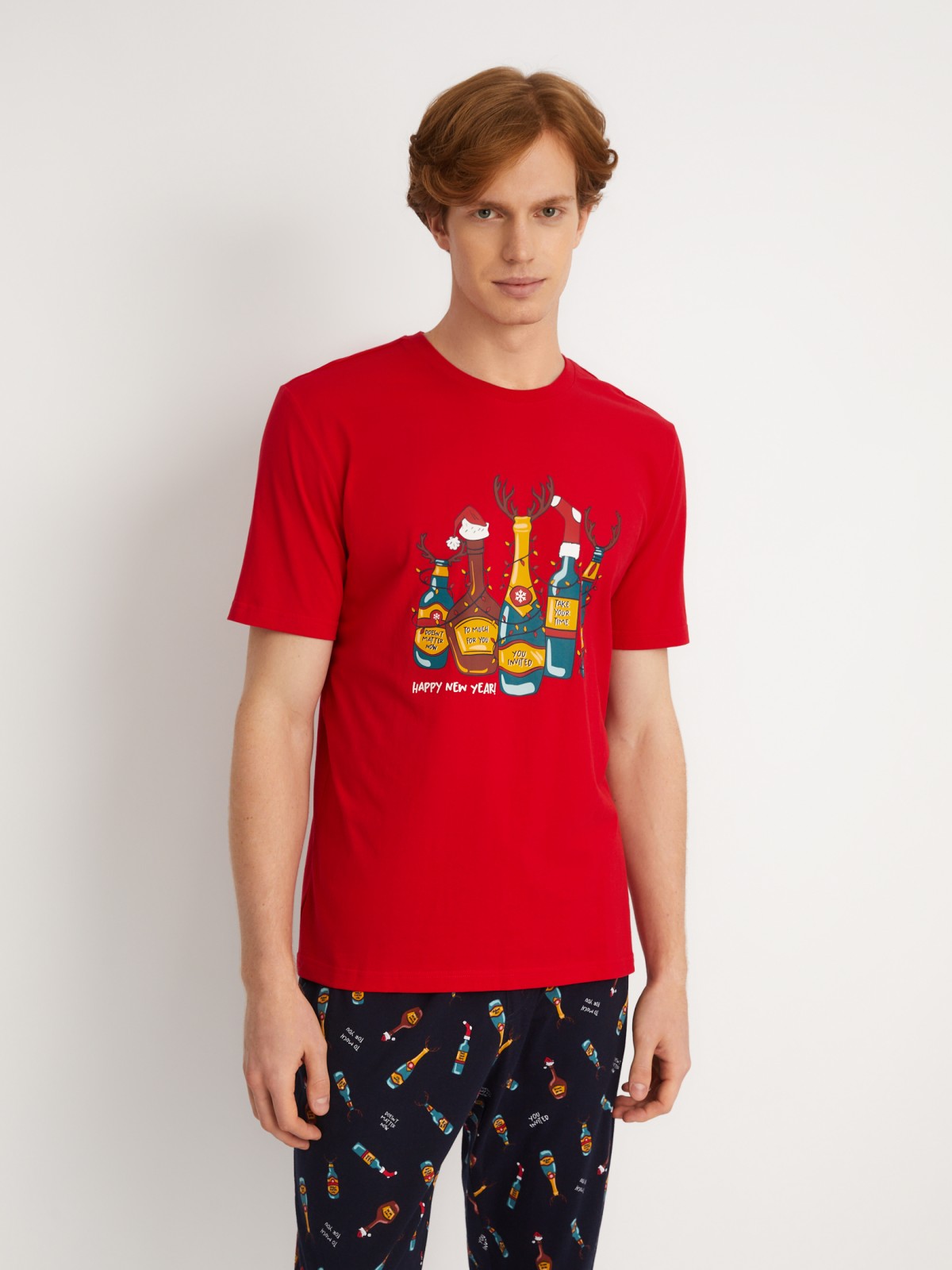 Домашний пижамный комплект новогодний (футболка и штаны) zolla 613458759051, цвет красный, размер S - фото 1