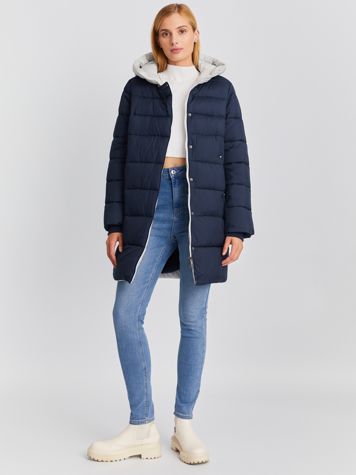 Тёплая стёганая куртка-пальто на молнии с акцентным капюшоном zolla 023345212024, цвет синий, размер S - фото 2