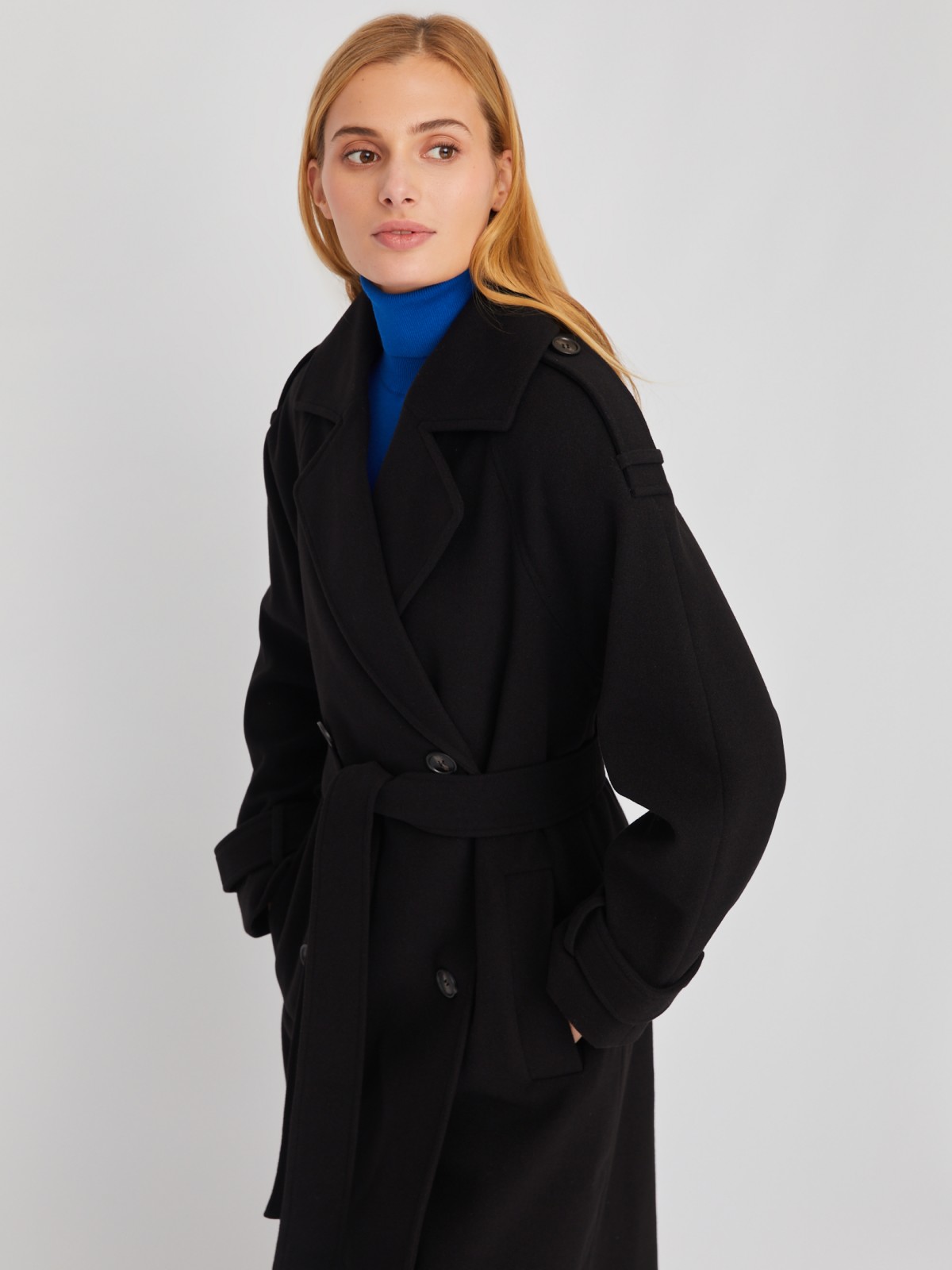 Длинное пальто-тренч без утеплителя с рукавами реглан и поясом zolla 024125866024, цвет черный, размер XS - фото 5