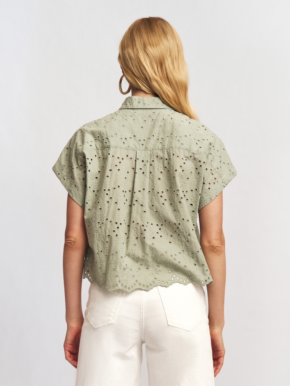 Рубашка из хлопка с вышивкой ришелье и коротким рукавом