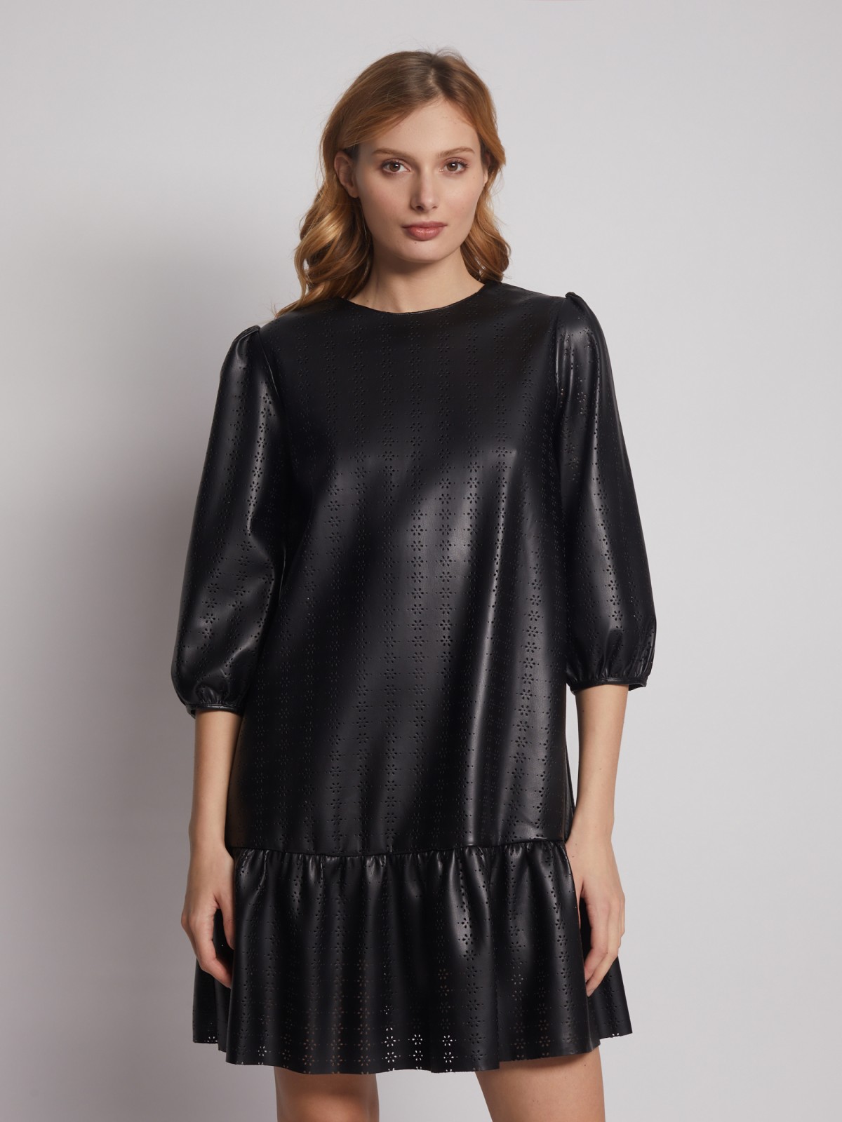 Платье из экокожи с перфорированным узором zolla 222428159131, цвет черный, размер XS