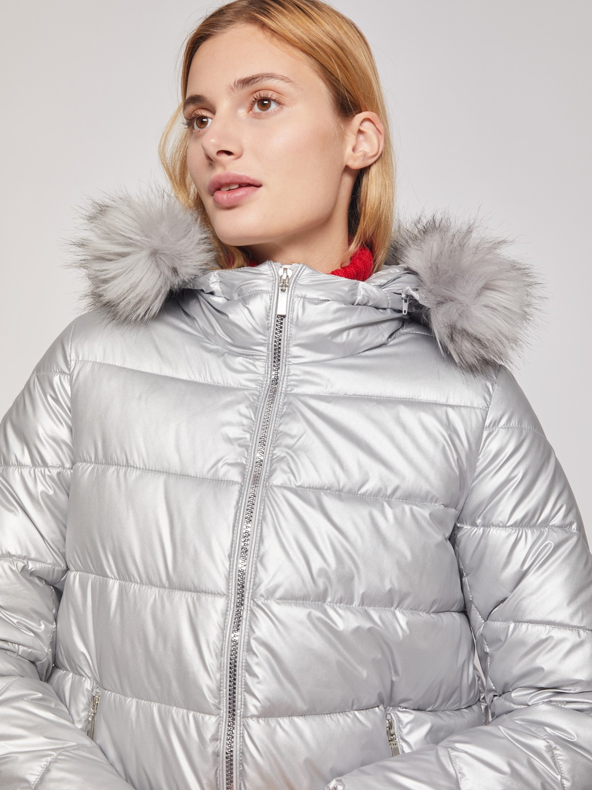 Утеплённая куртка с меховой опушкой zolla 020345112704, цвет серебряный, размер XS - фото 6