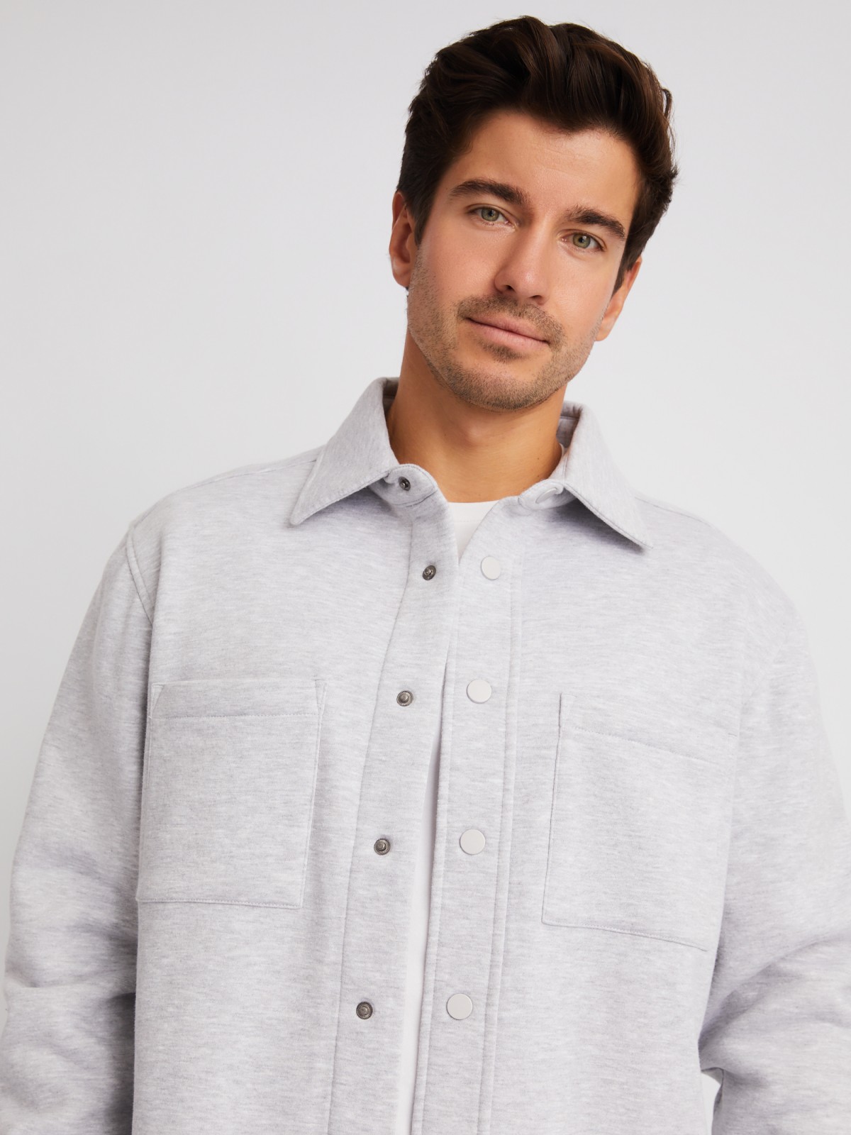 Утеплённая трикотажная куртка-рубашка с начёсом zolla 01411432F023, цвет серый, размер S - фото 3