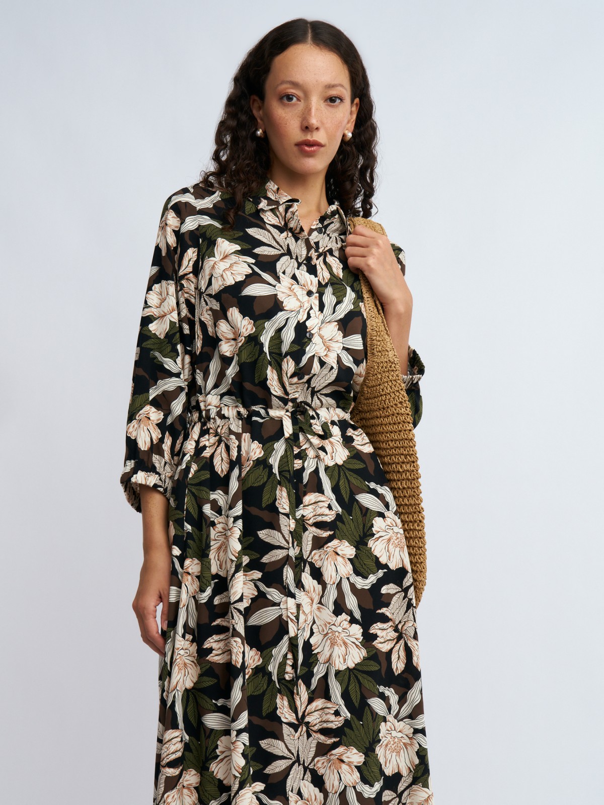 Платье-рубашка миди из вискозы на кулиске