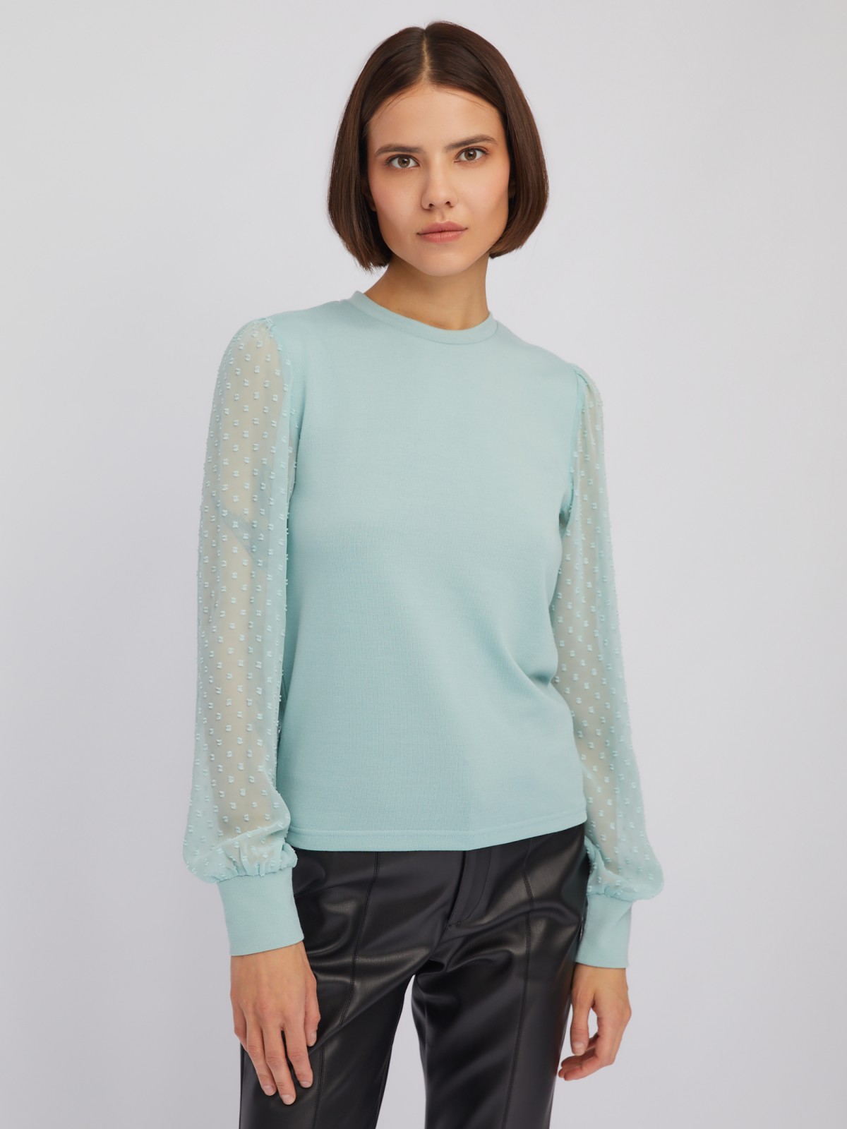 Трикотажный топ-блузка с акцентом на рукавах zolla 024113126023, цвет мятный, размер XS - фото 3