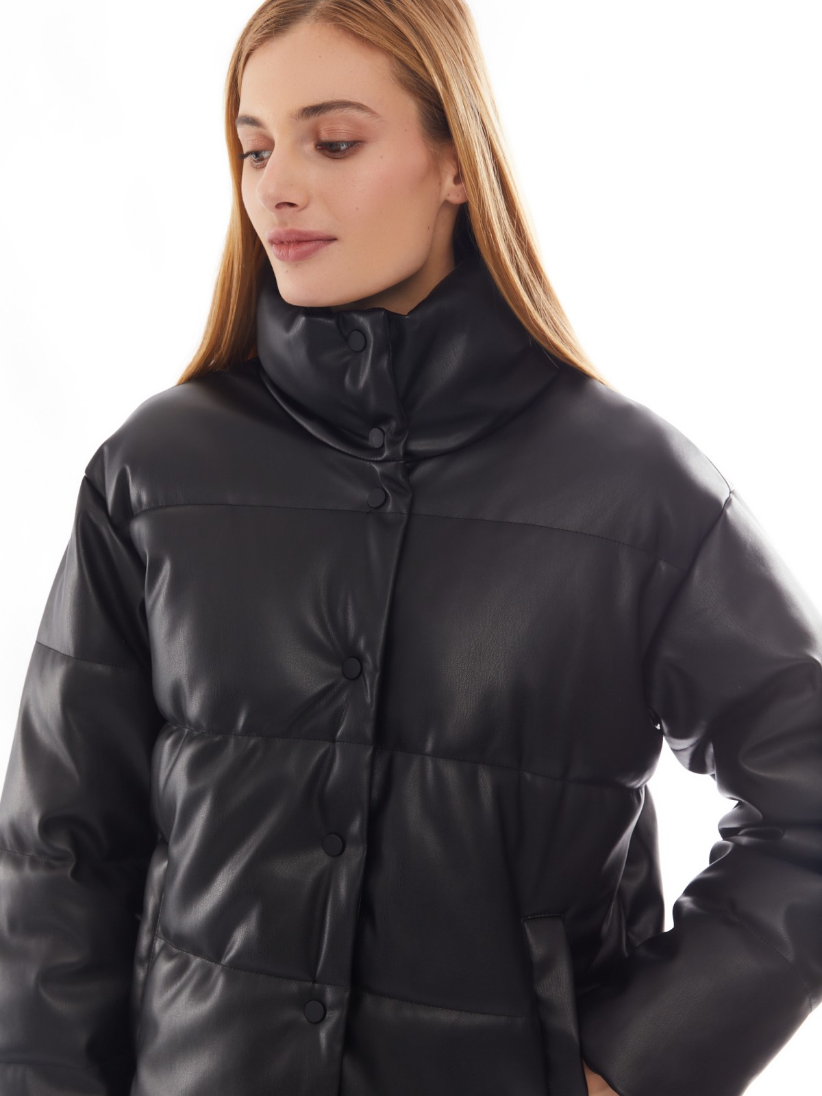 Тёплая стёганая дутая куртка из экокожи с высоким воротником zolla 02412516F034, цвет черный, размер XS - фото 4