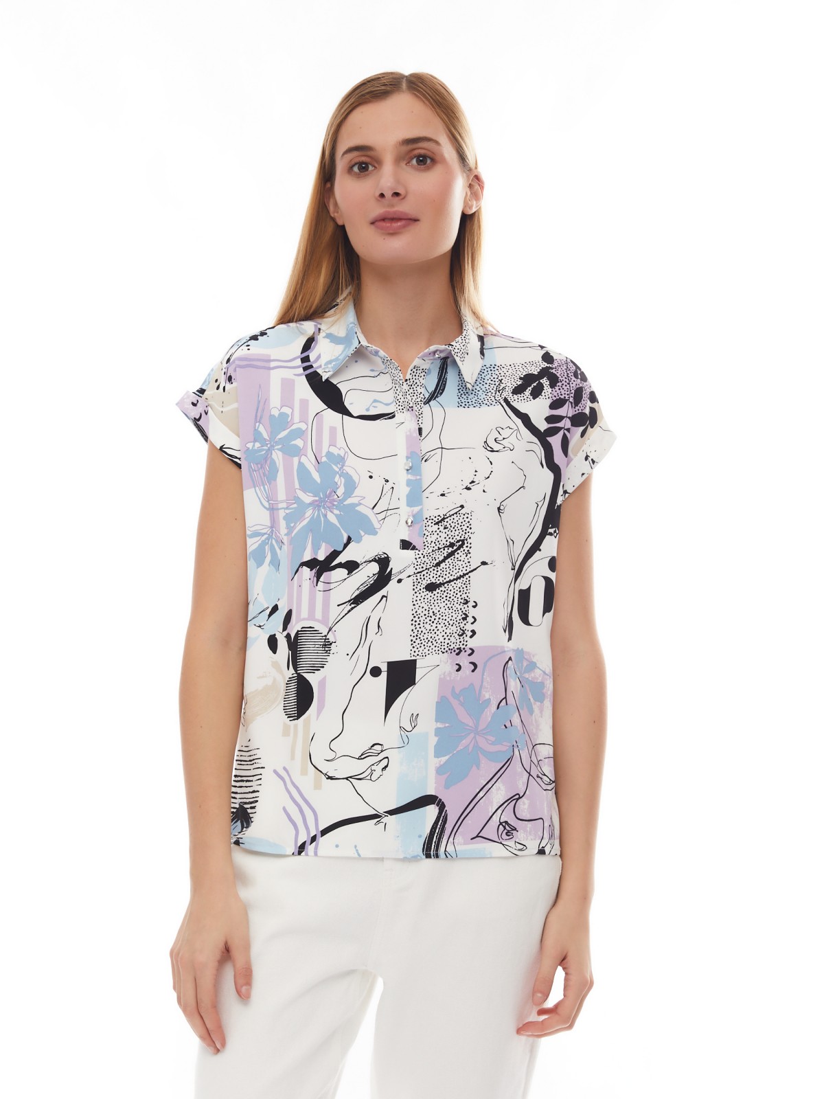 Принтованная блузка-рубашка с коротким рукавом zolla 02413128Y112, цвет молоко, размер XS - фото 3