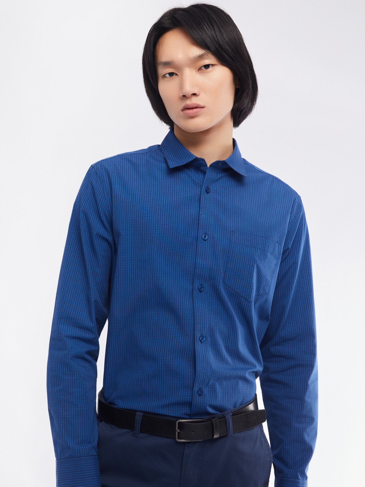 Офисная рубашка прямого силуэта с узором в клетку zolla 014112159062, цвет голубой, размер M