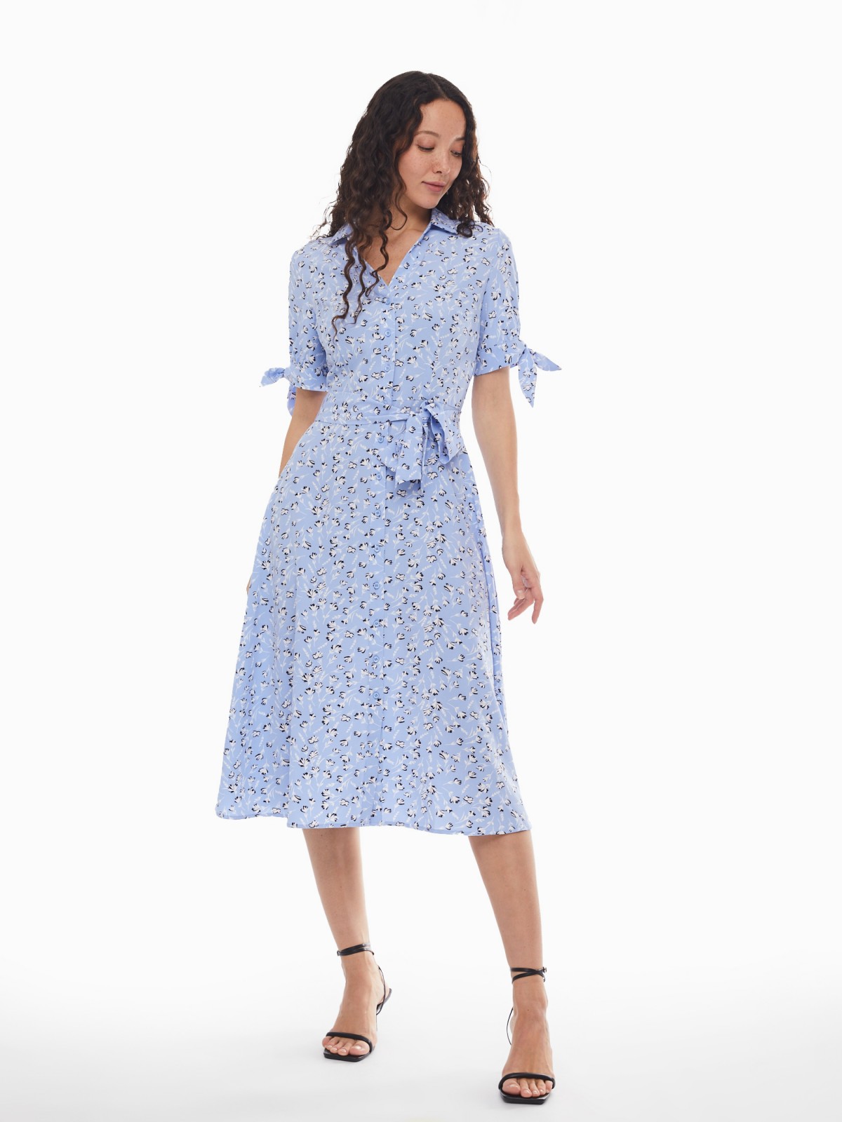 Платье-рубашка с поясом и акцентными короткими рукавами zolla 024138240412, цвет светло-голубой, размер XS - фото 2