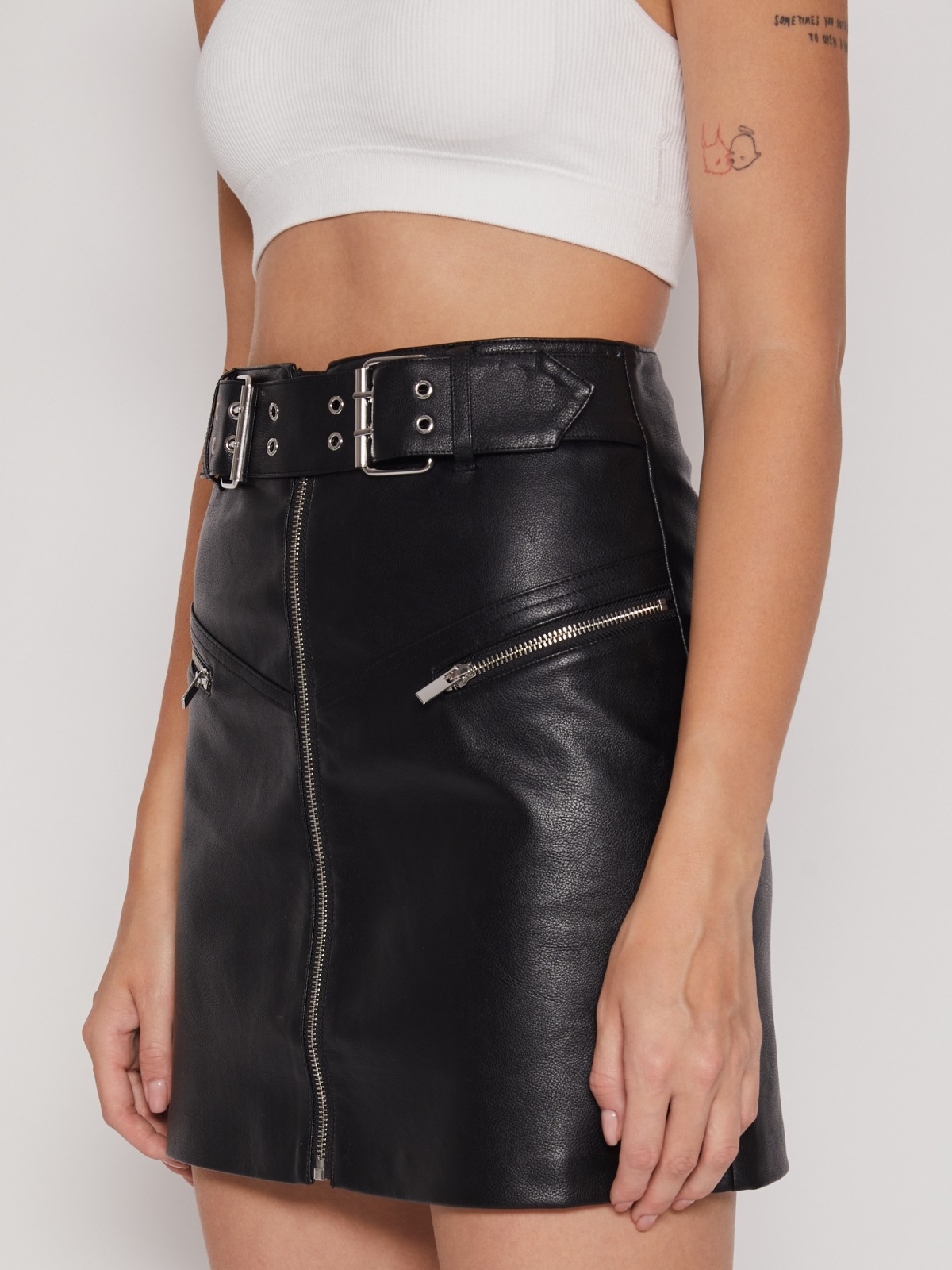 Мини юбка из экокожи на молнии zolla 022117877043, цвет черный, размер XXS - фото 5