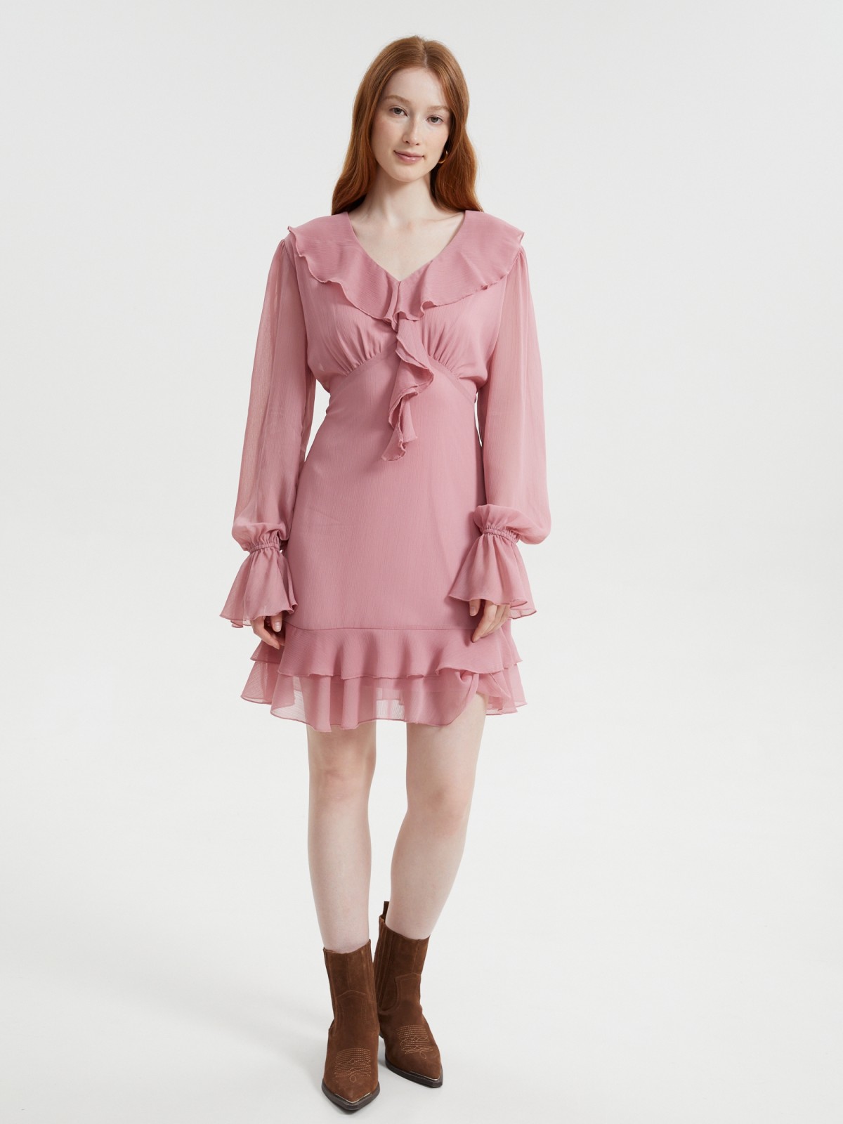 Платье мини из шифона с воланами