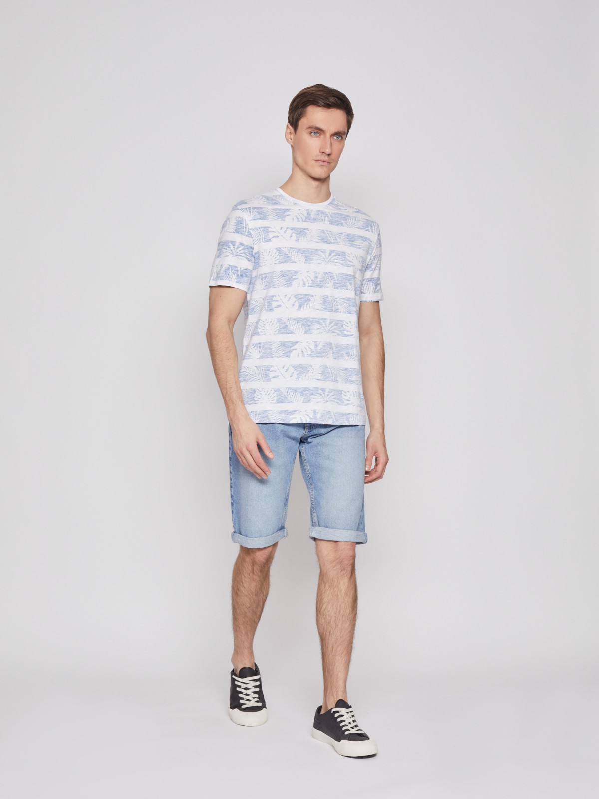 Футболка из хлопка в полоску с тропическим принтом