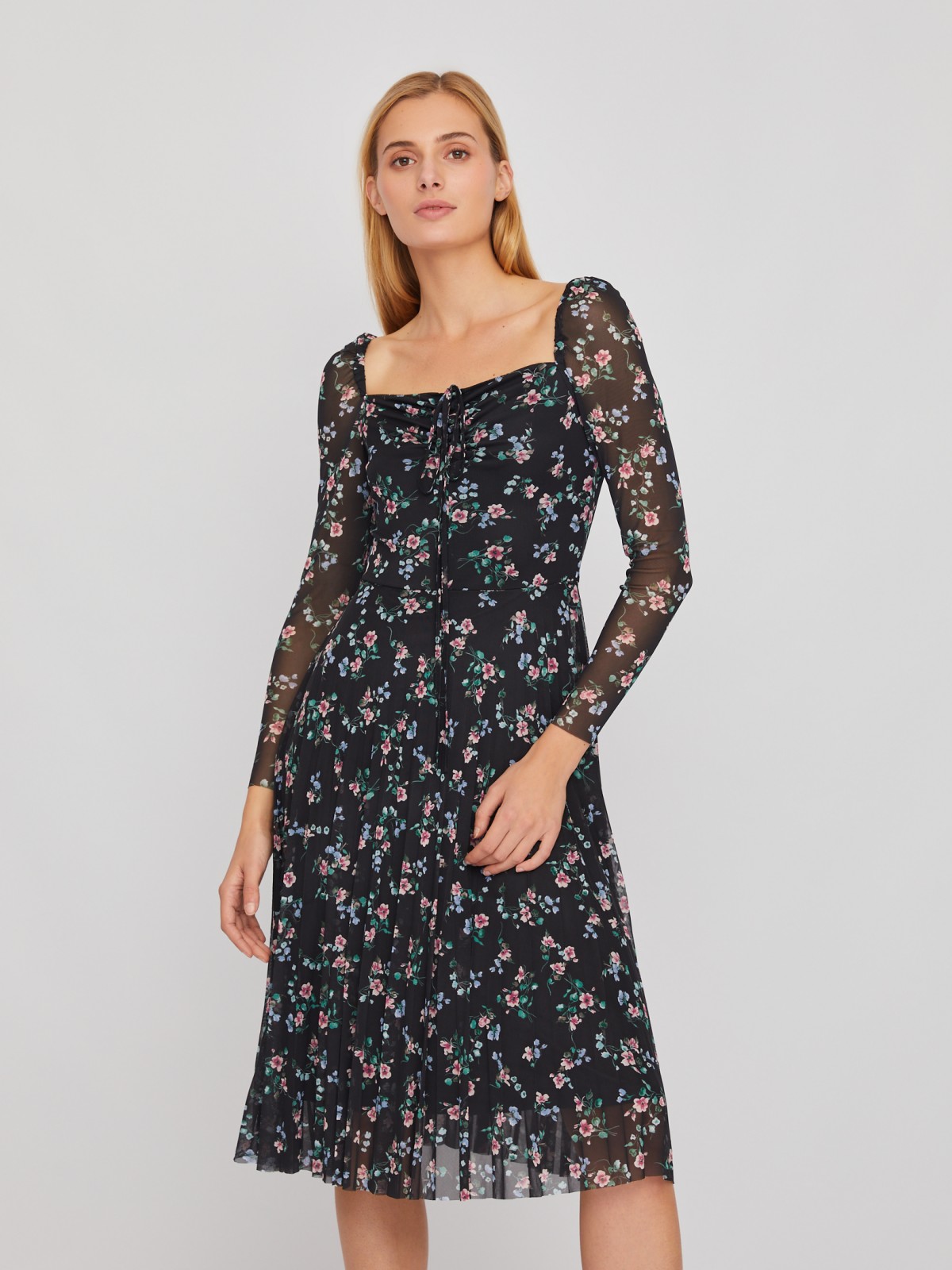 Платье длины миди с плиссировкой и цветочным принтом zolla 024118159101, размер XS