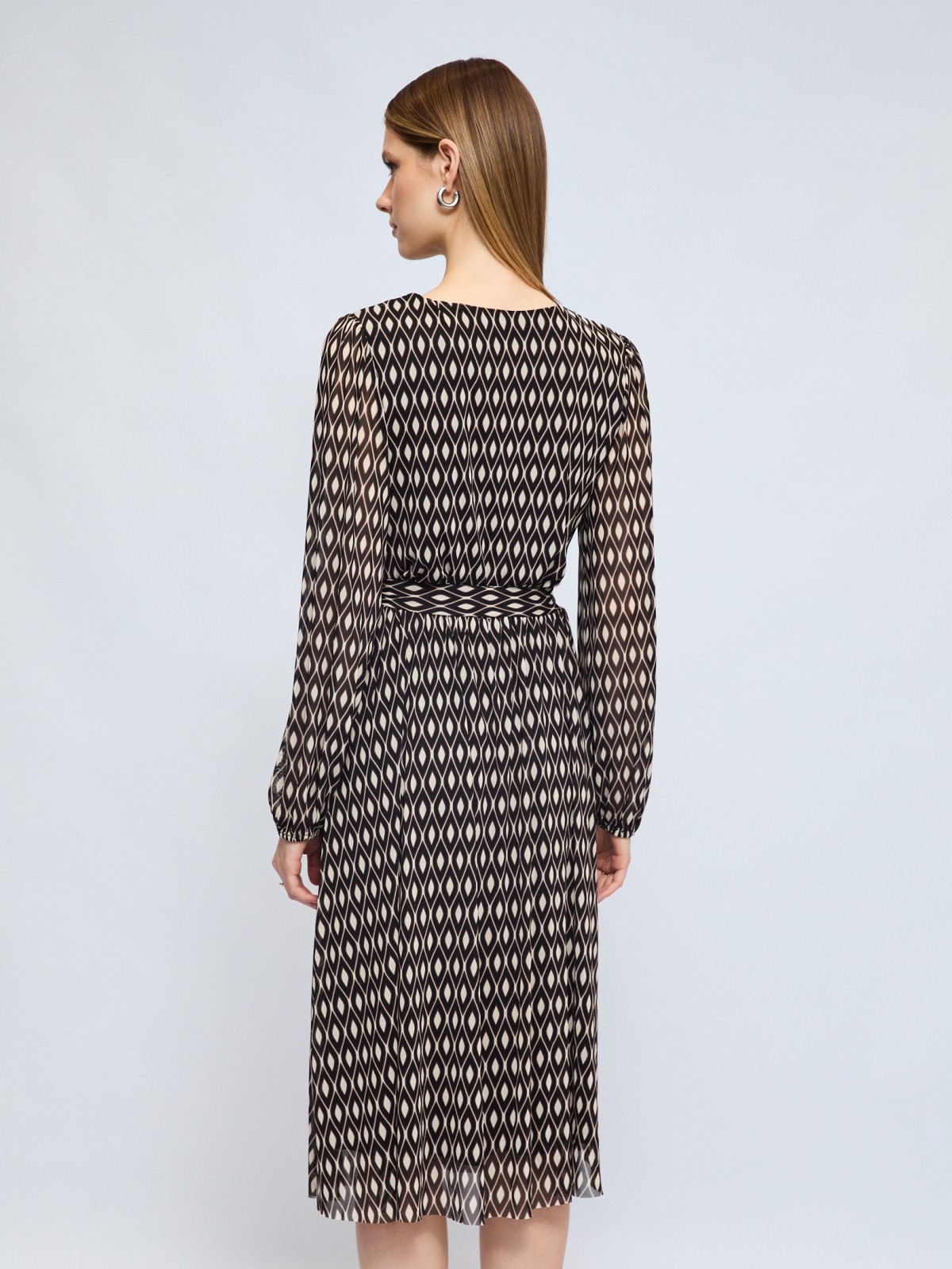 Платье миди из сетки с вырезом на запах и принтом