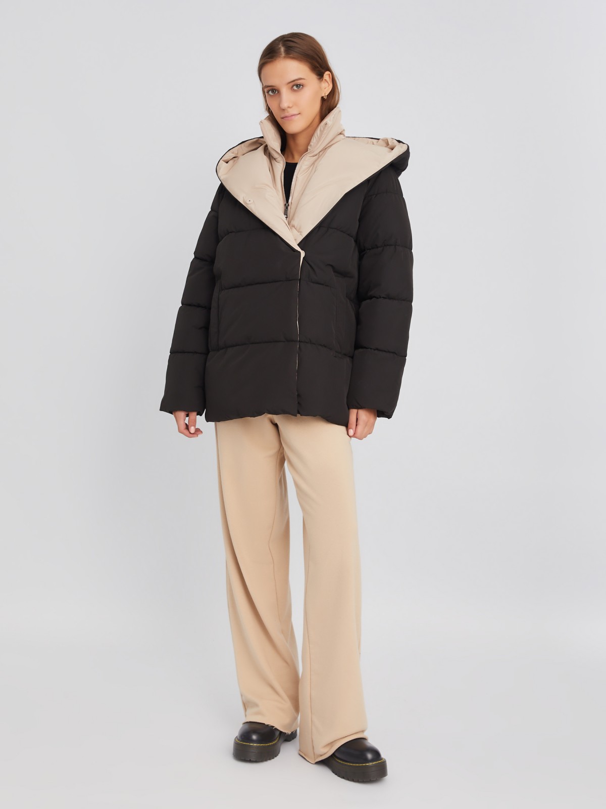 Тёплая стёганая дутая куртка с капюшоном и вшитой манишкой на молнии zolla 02334510L034, цвет черный, размер XS - фото 2