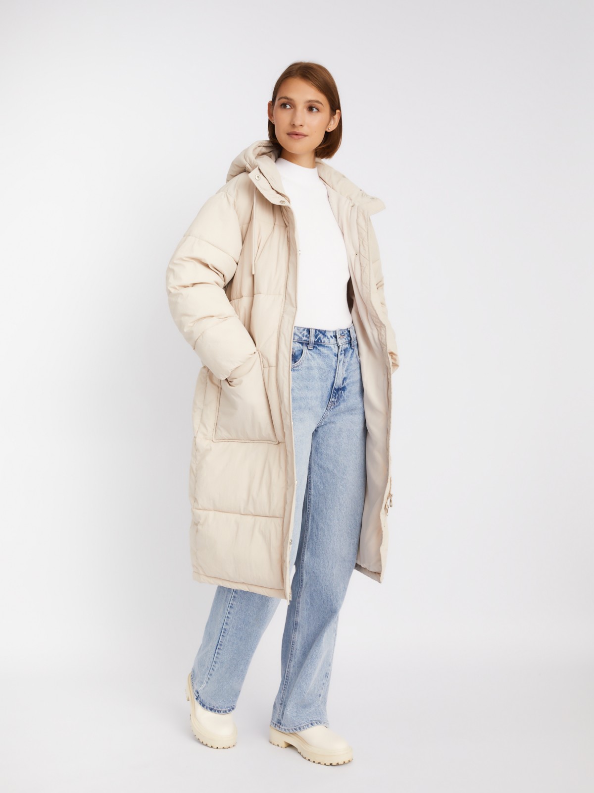 Длинная тёплая стёганая куртка-пальто с капюшоном zolla 023335202084, цвет молоко, размер XS - фото 2
