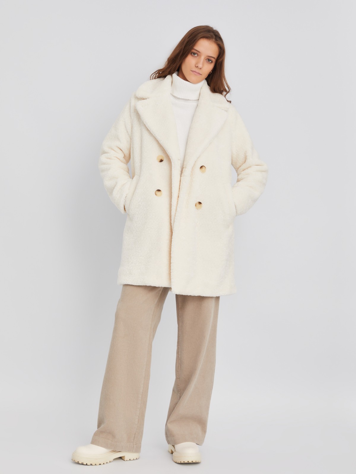 Двубортная тёплая шуба-пальто из экомеха на синтепоне zolla 023345550024, цвет молоко, размер XS