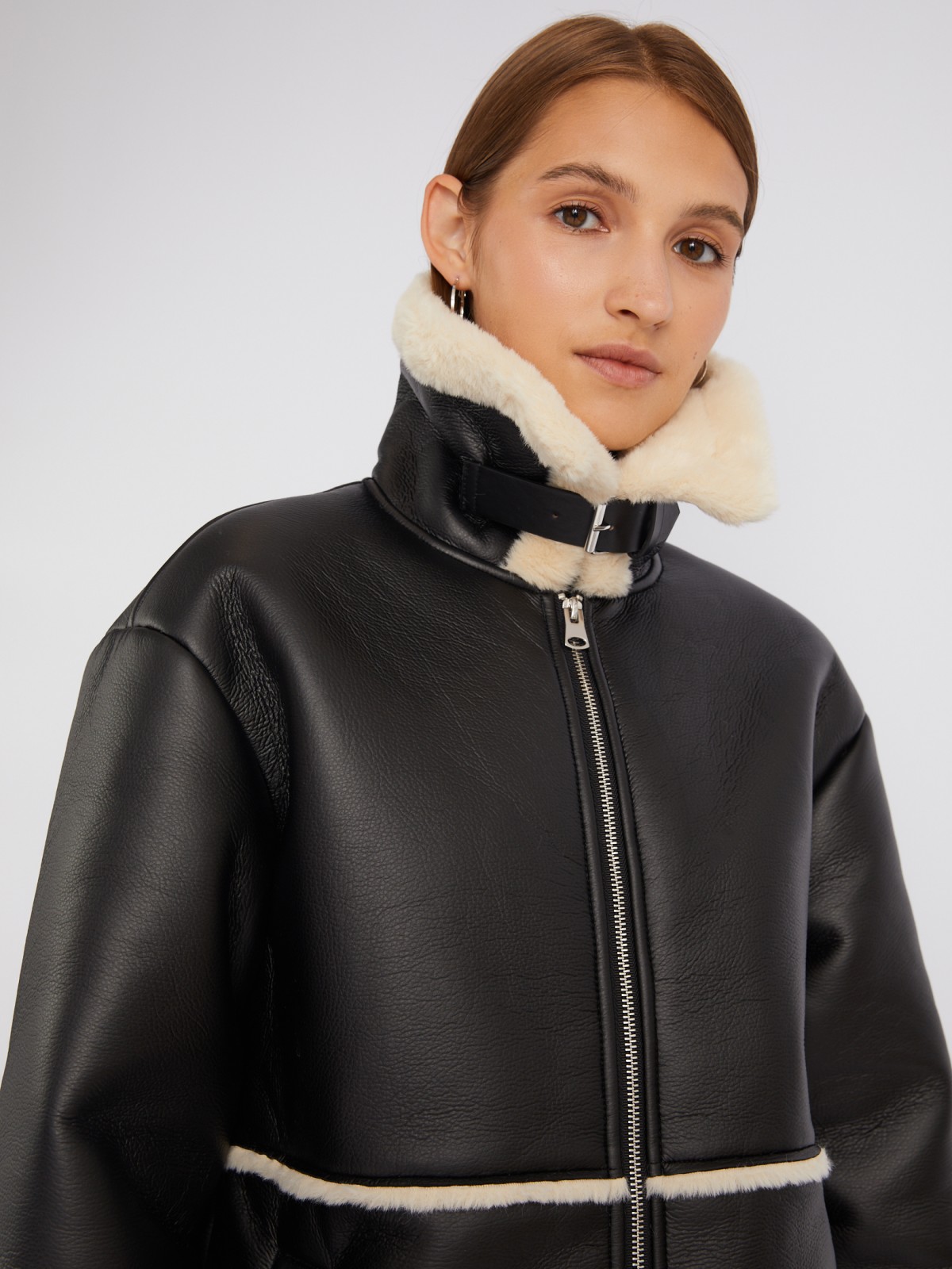 Длинное тёплое пальто-дублёнка из экокожи с искусственным мехом по подкладке zolla 023335550084, цвет черный, размер M - фото 5