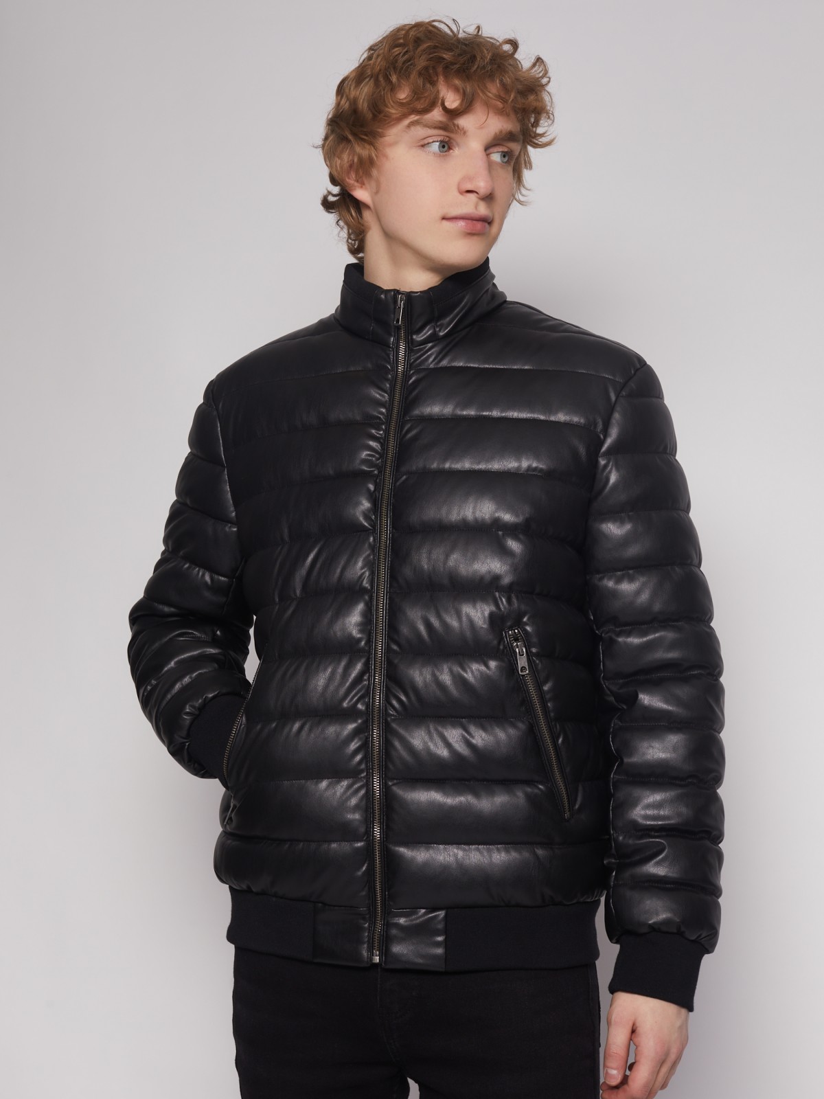 Утеплённая куртка-бомбер из экокожи zolla 013125150064, цвет черный, размер M