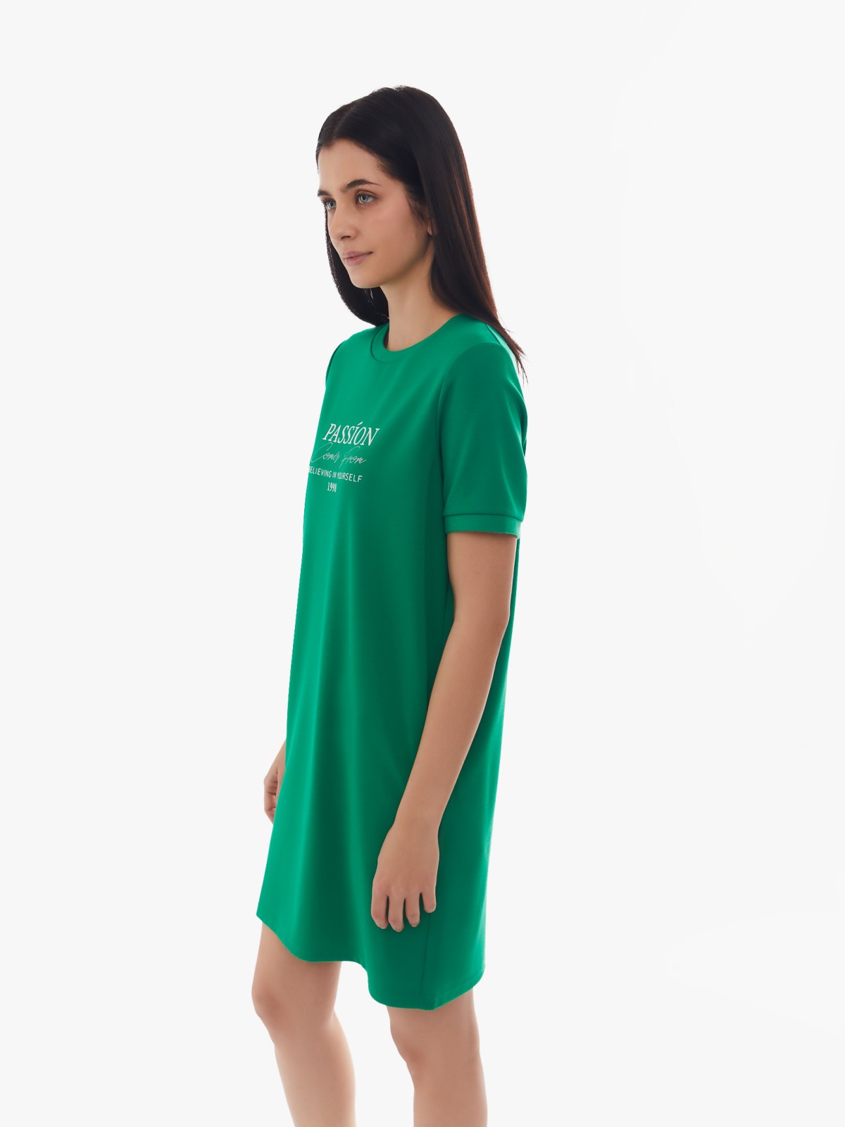 Платье-футболка с коротким рукавом и принтом-надписью zolla 024138135132, цвет зеленый, размер S - фото 3