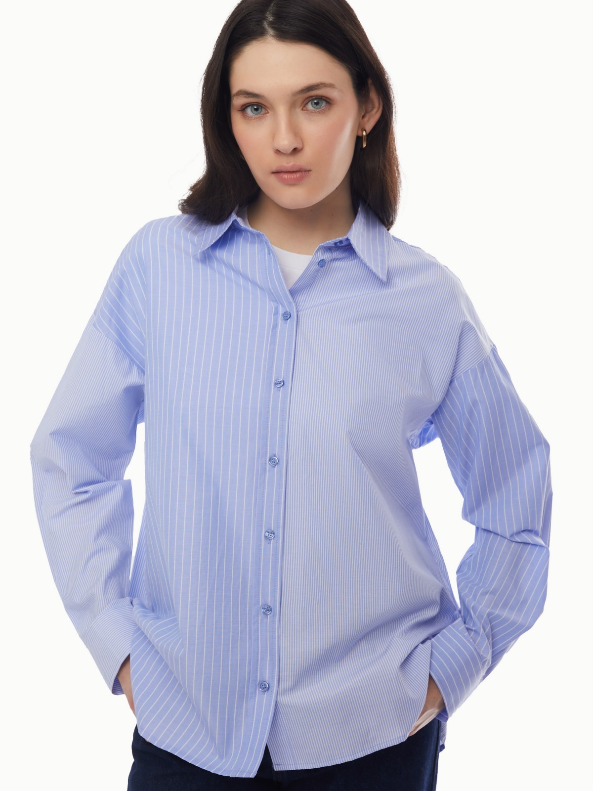 Рубашка оверсайз силуэта с узором в полоску zolla 024131159342, цвет светло-голубой, размер XS - фото 4