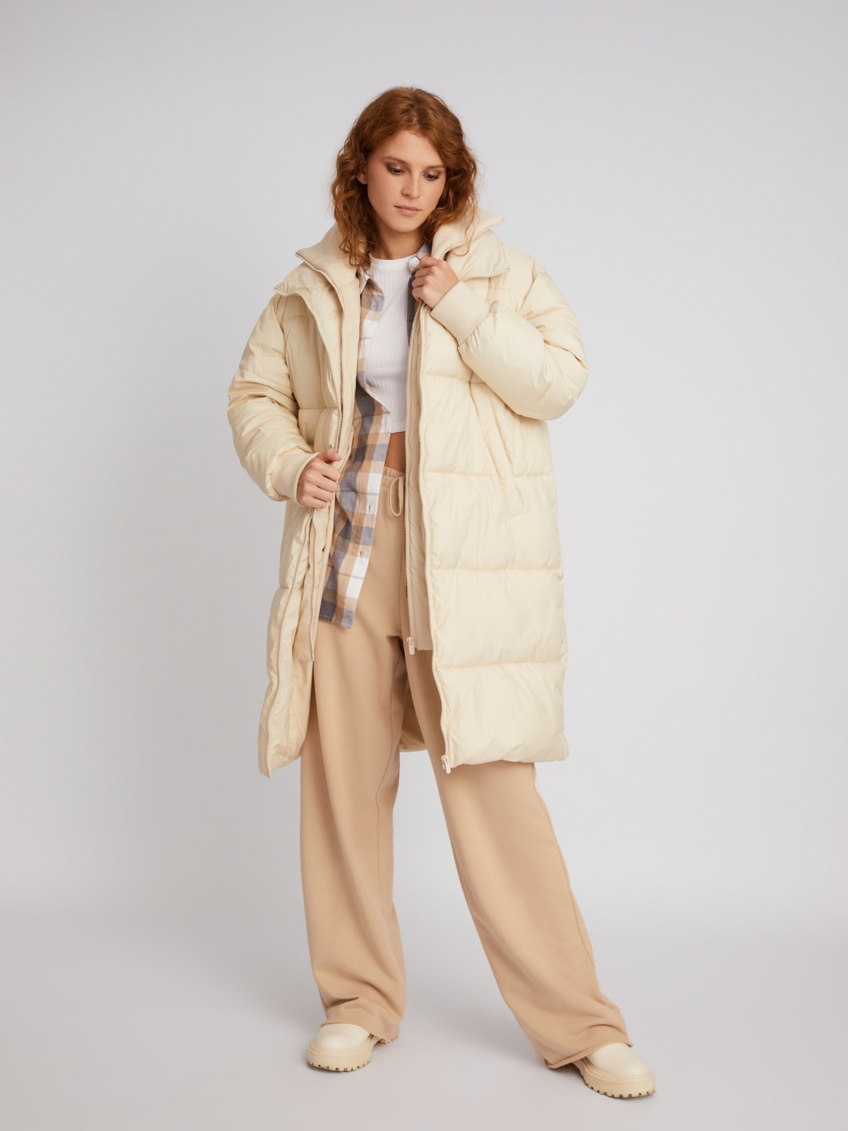 Длинная тёплая куртка-пальто с высоким двойным воротником и вшитой манишкой на молнии