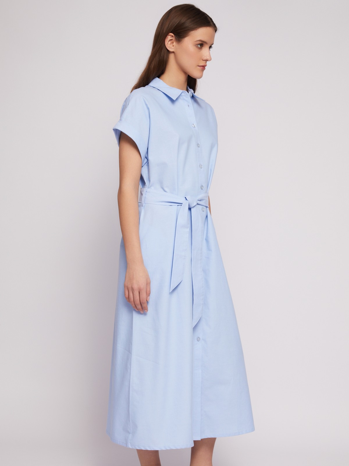 Платье-рубашка из хлопка с коротким рукавом и поясом zolla 024218262353, цвет светло-голубой, размер XS - фото 3
