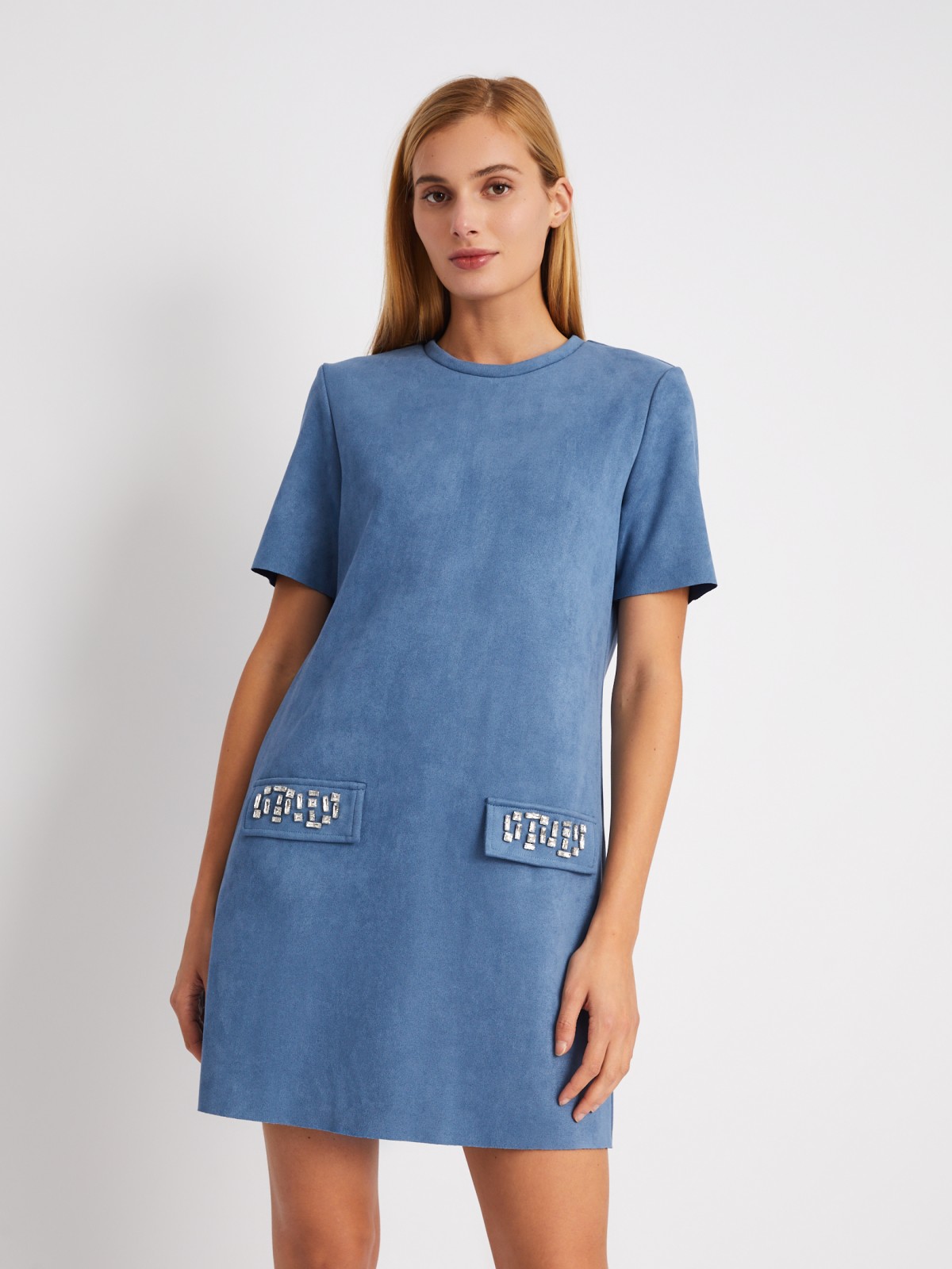 Платье-футболка из экозамши со стразами zolla 024118262361, цвет голубой, размер XS